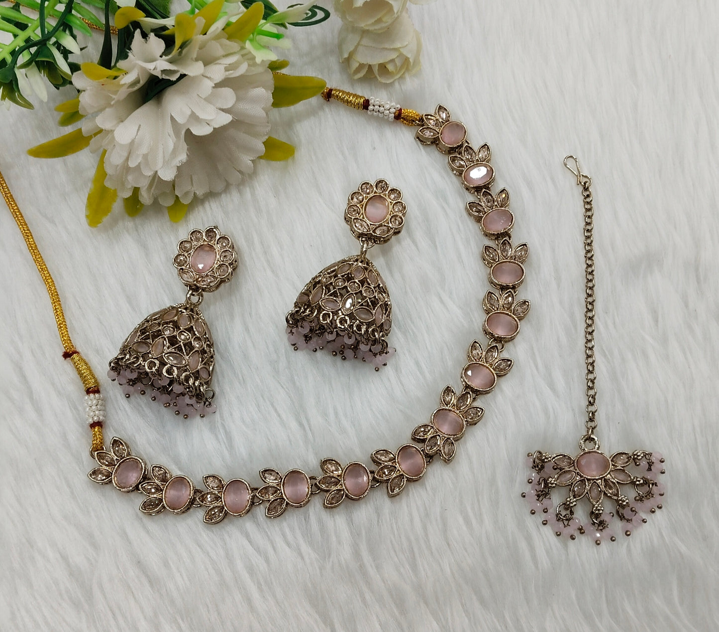 Pink Antique Gold Necklace Indian Jewellery Mandeep Set