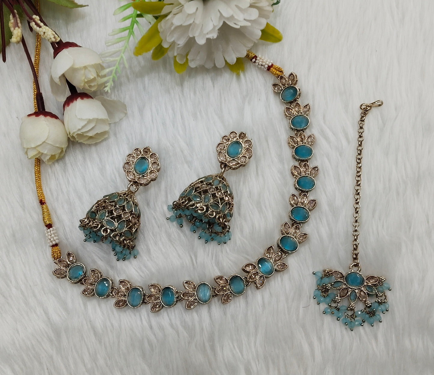 Sky Blue Antique Gold Necklace Indian Jewellery Mandeep Set