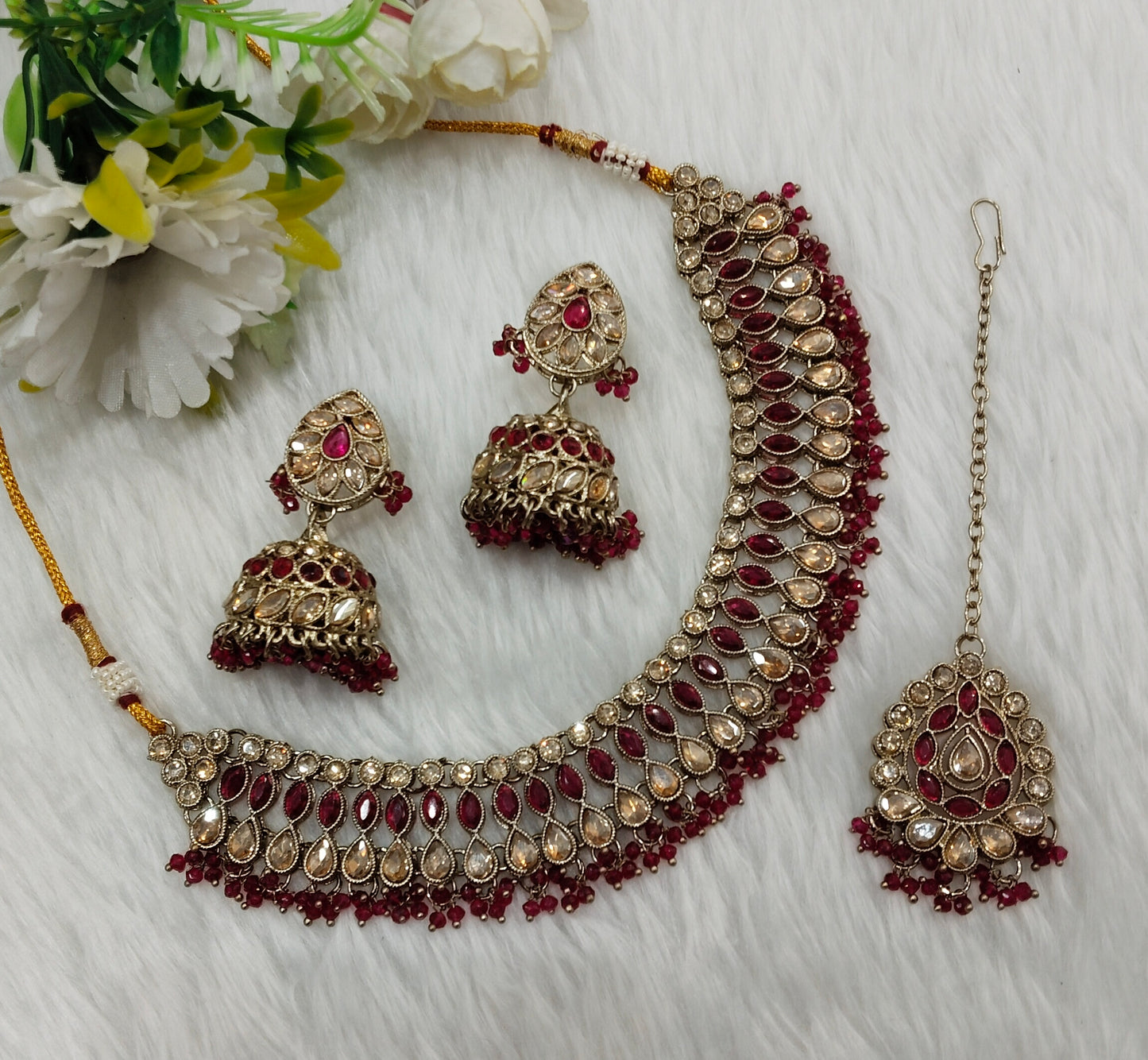 Majenta Antique Gold Necklace Indian Jewellery Gora Set