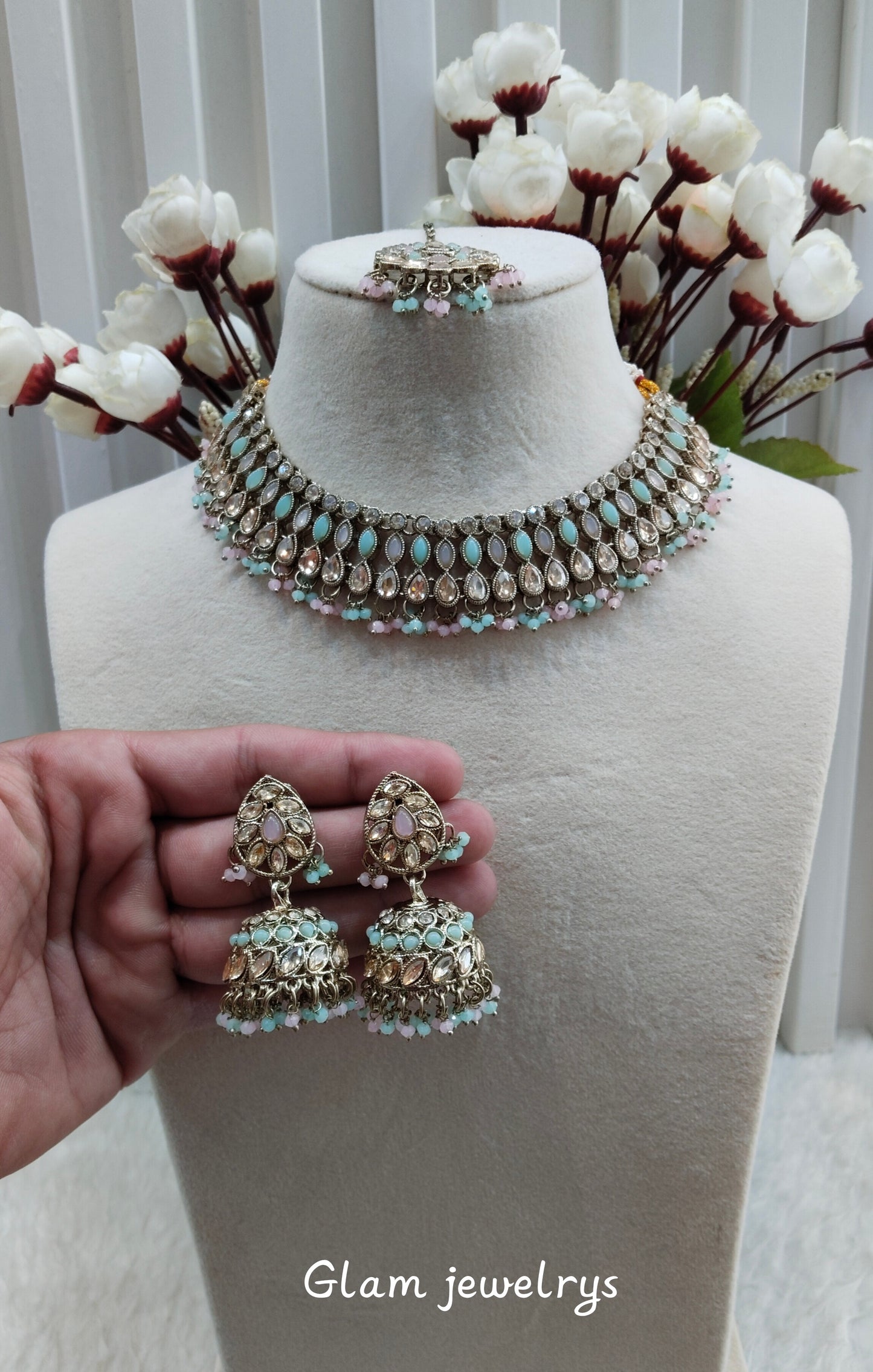 Mint Pink Antique Gold Necklace Indian Jewellery Gora Set