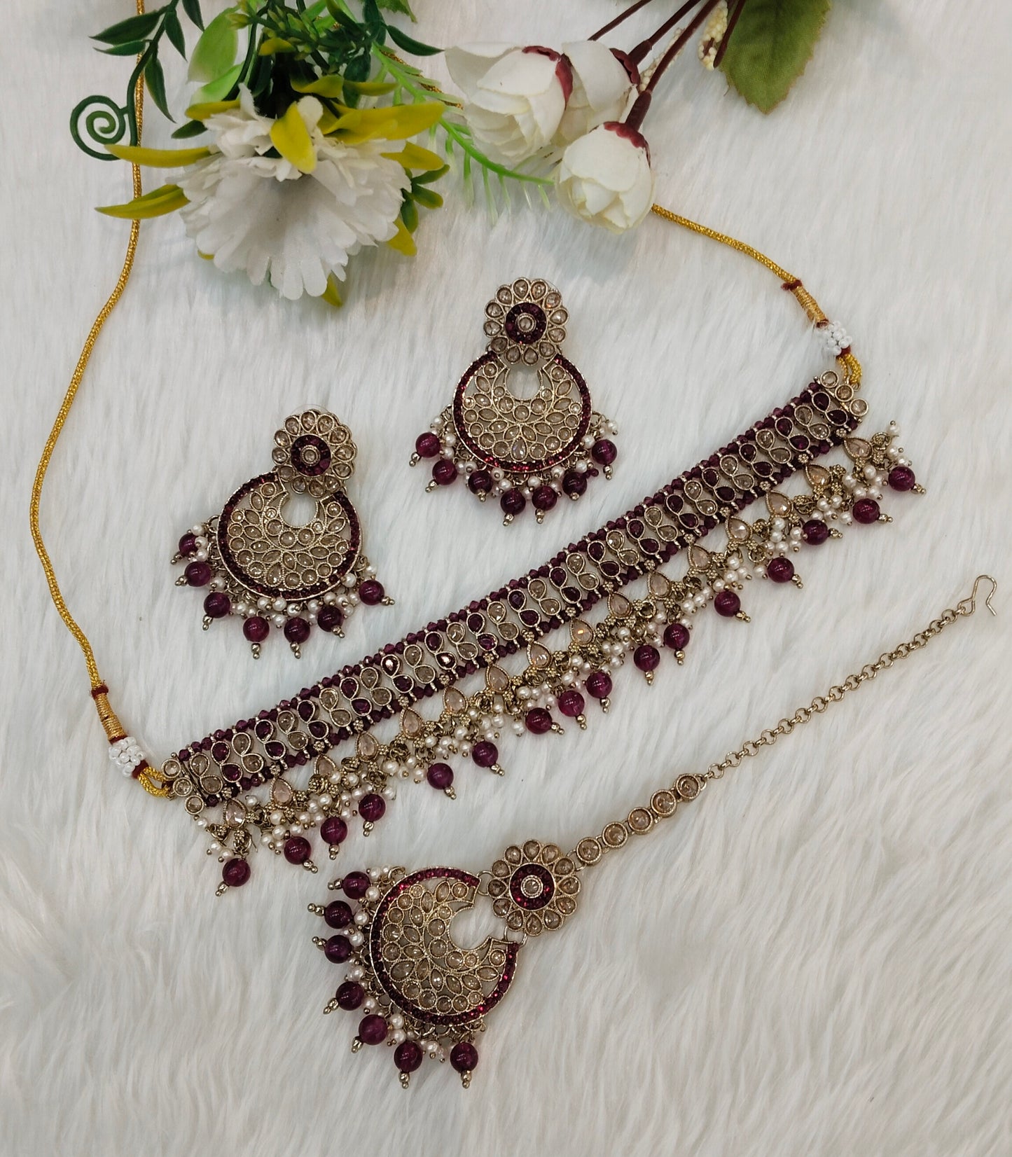 Purple Antique Gold Choker Indian Jewellery Rami Set
