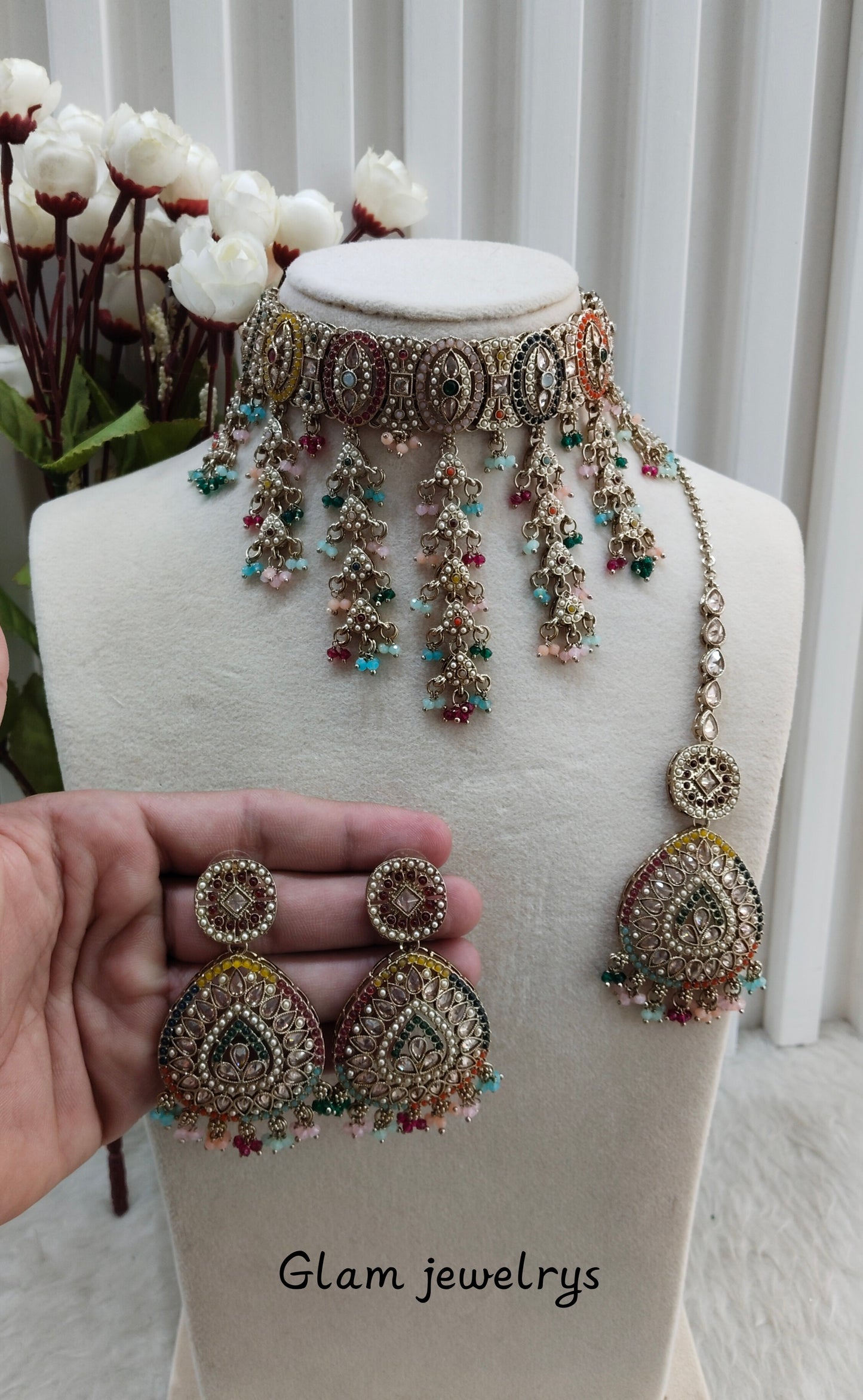 Multi Color Antique Gold Choker Indian Jewellery Inder Set