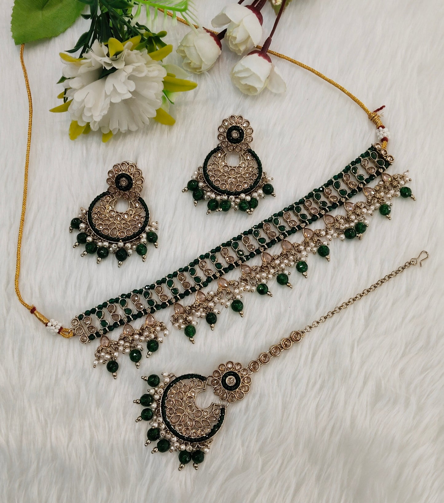 Green Antique Gold Choker Indian Jewellery Rami Set