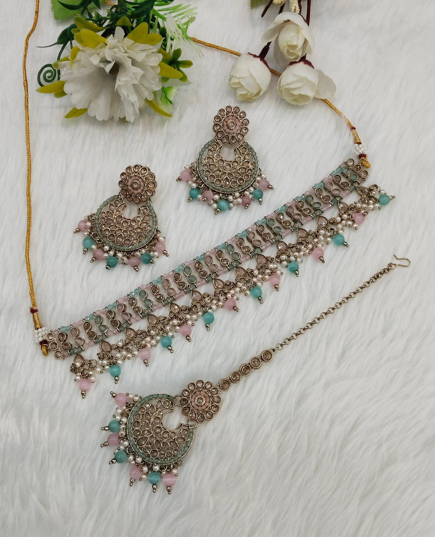 Mint Pink Antique Gold Choker Indian Jewellery Rami Set