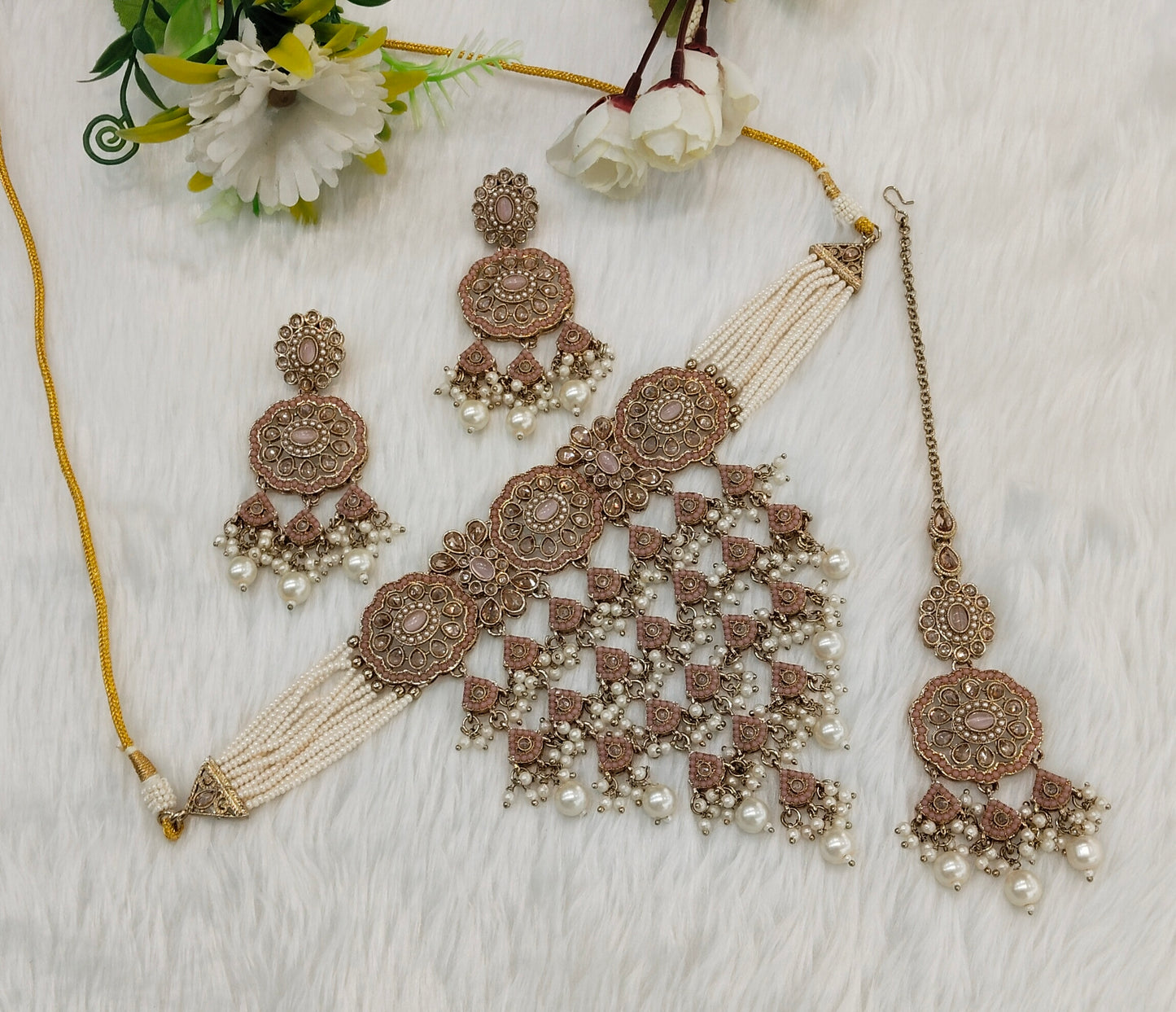 Pink Antique Gold Choker indian Jewellery Jaggi Set