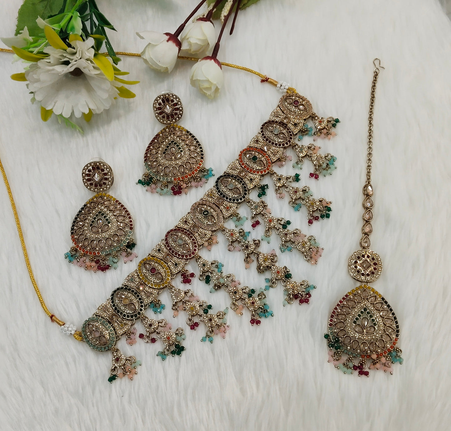 Multi Color Antique Gold Choker Indian Jewellery Inder Set