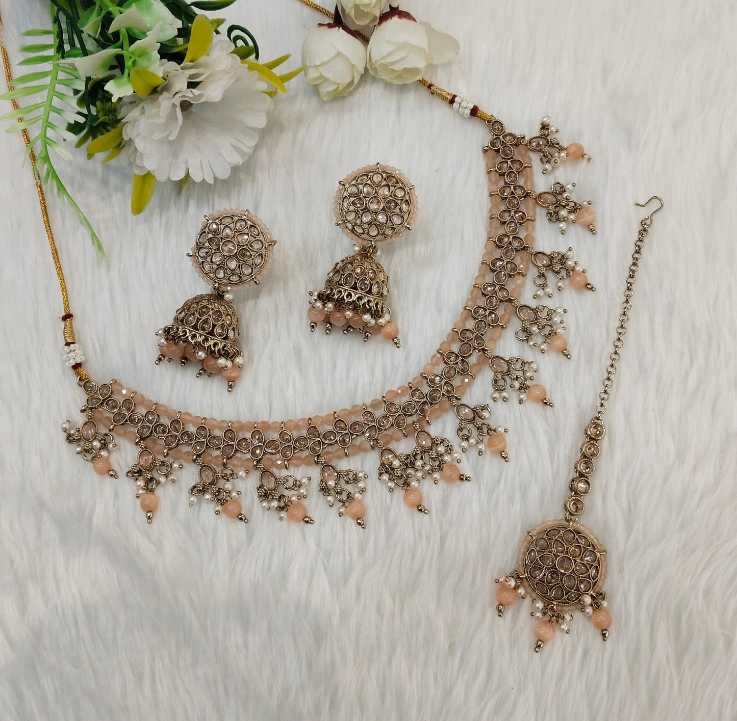 Peach Antique Gold Necklace Indian Jewellery Rami Set