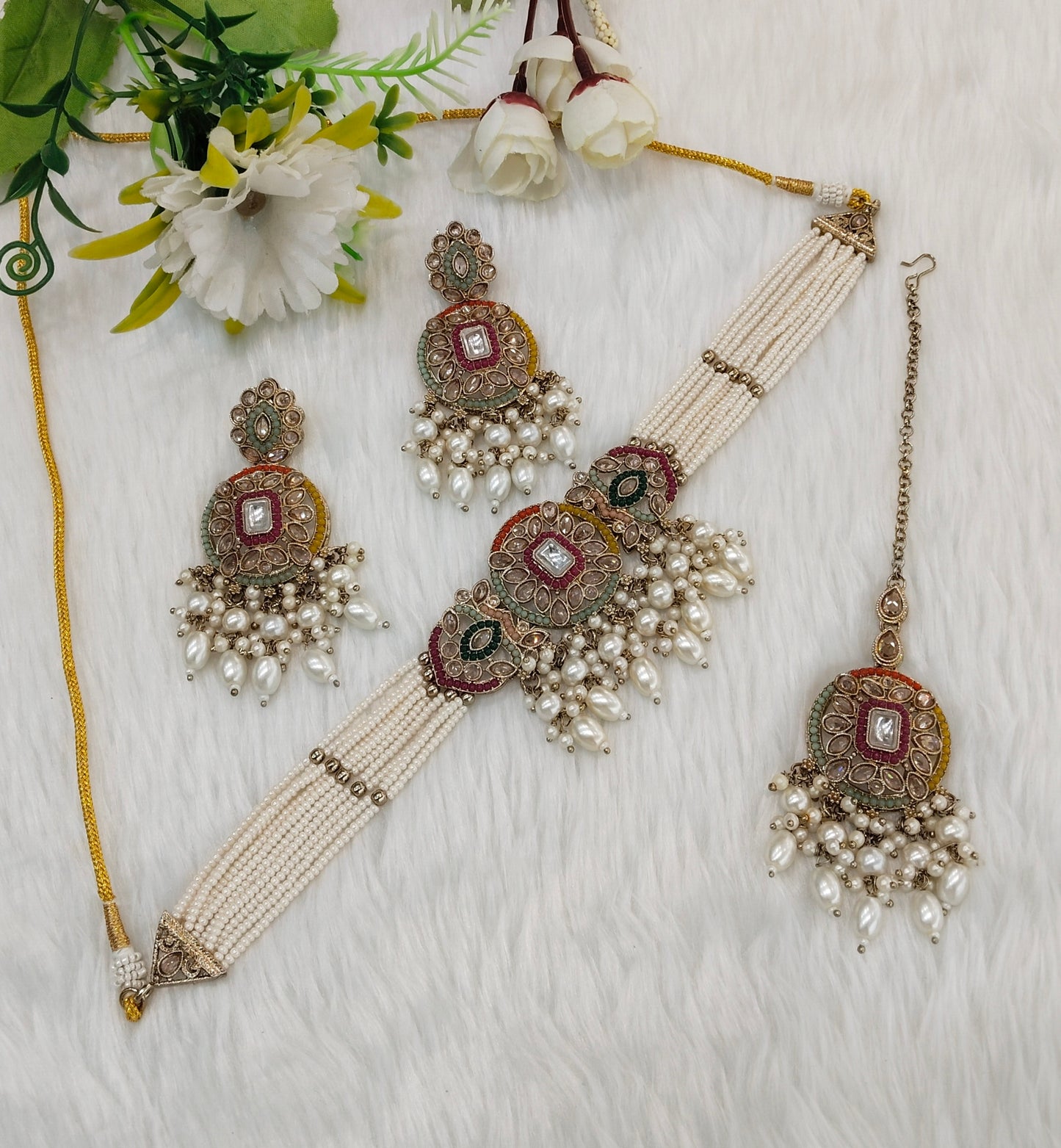 Multi Color Antique Gold Choker Indian Jewellery Jaggi Set