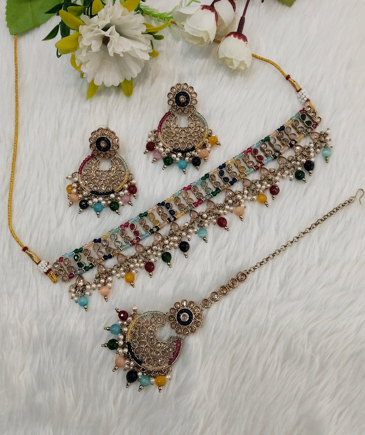 Multi Color Antique Gold Choker Indian Jewellery Rami Set