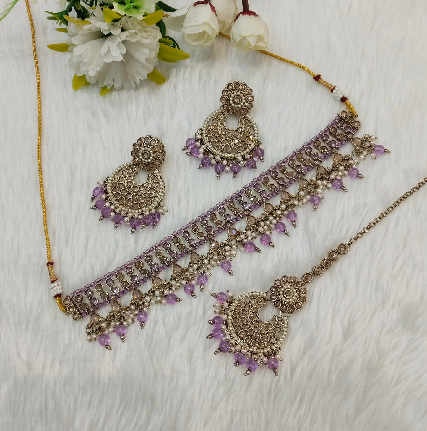 Lavender Antique Gold Choker Indian Jewellery Rami Set