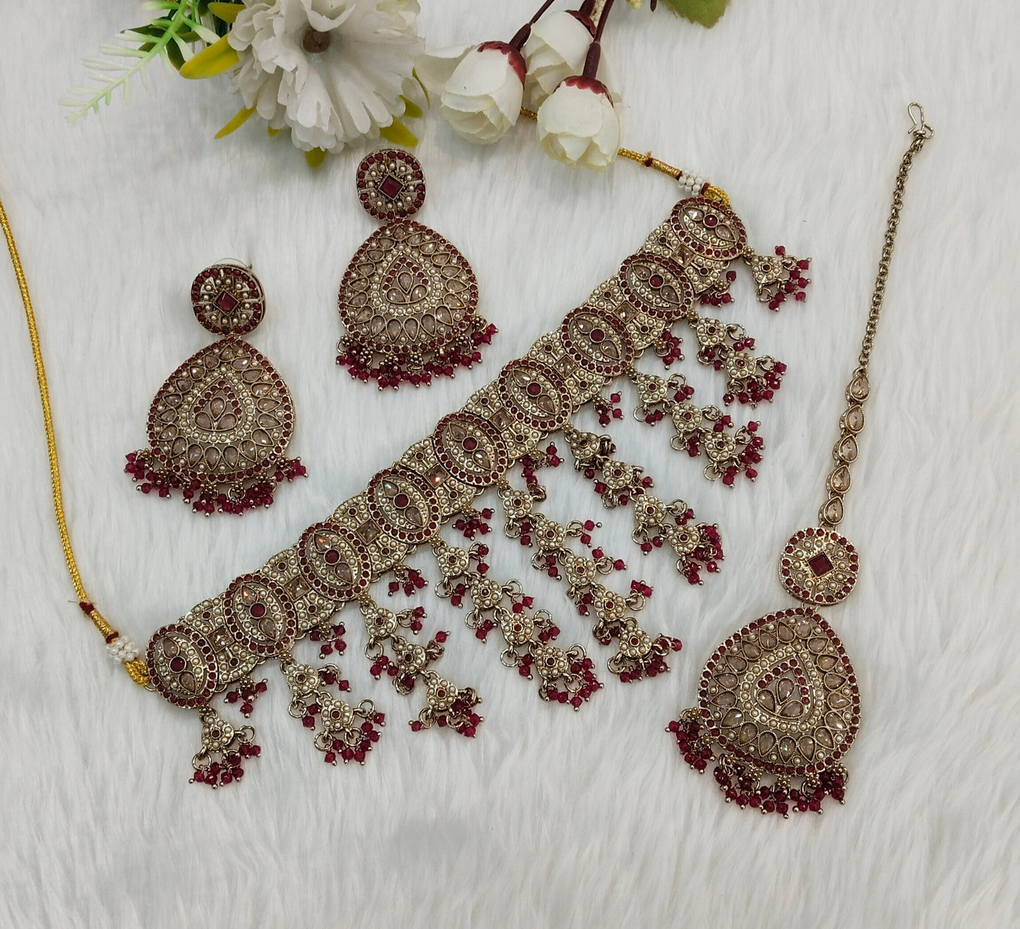 Ruby Antique Gold Choker Indian Jewellery Inder Set