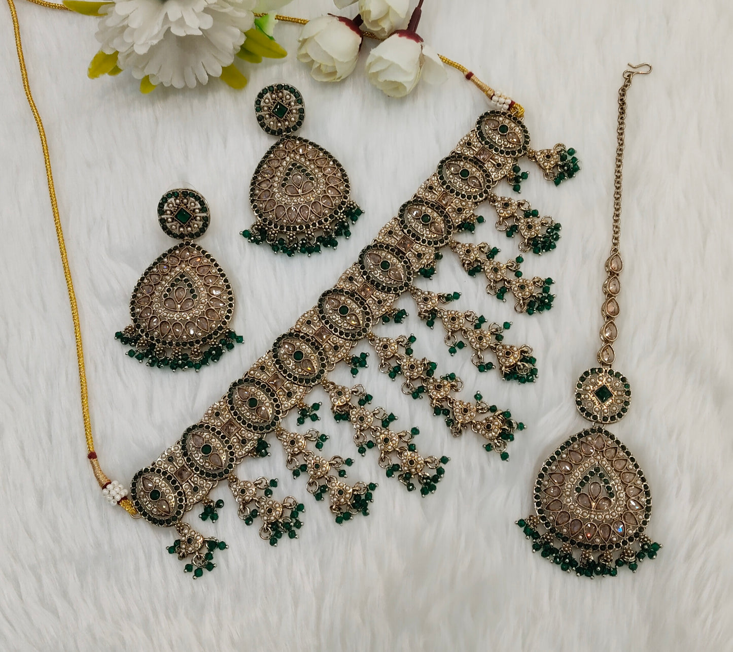 Green Antique Gold Choker Indian Jewellery Inder Set