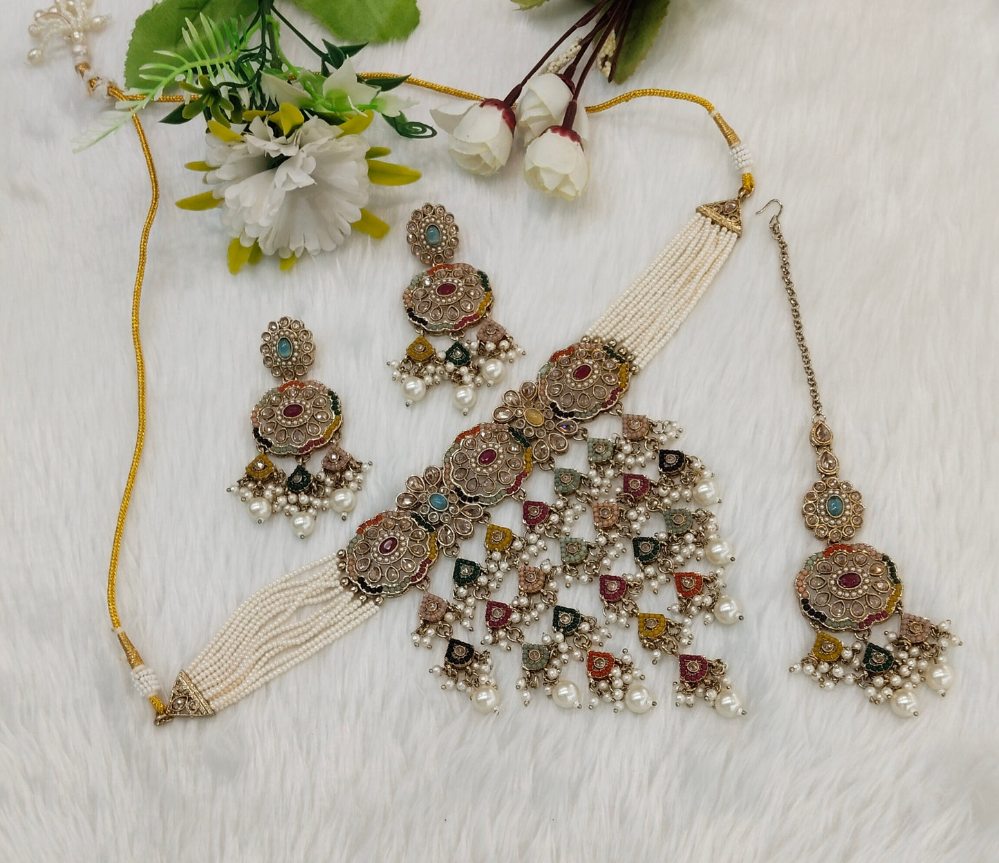 Multi Color Antique Gold Choker indian Jewellery Jaggi Set