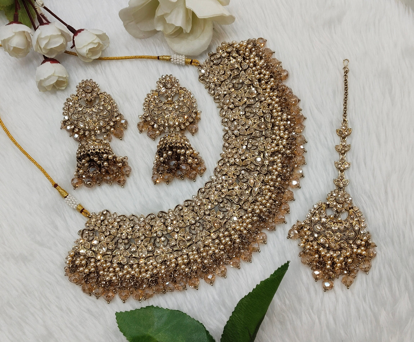 Antique Gold Necklace Indian Jewellery Rcb Set