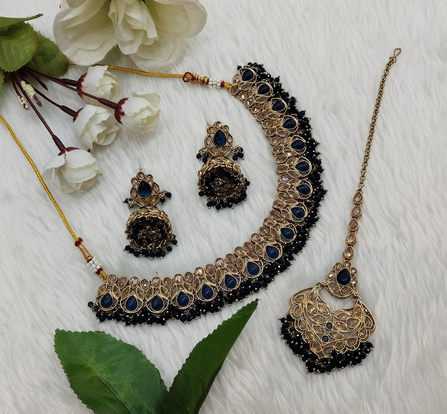 Blue Antique Gold Necklace Indian Jewellery Topply Set