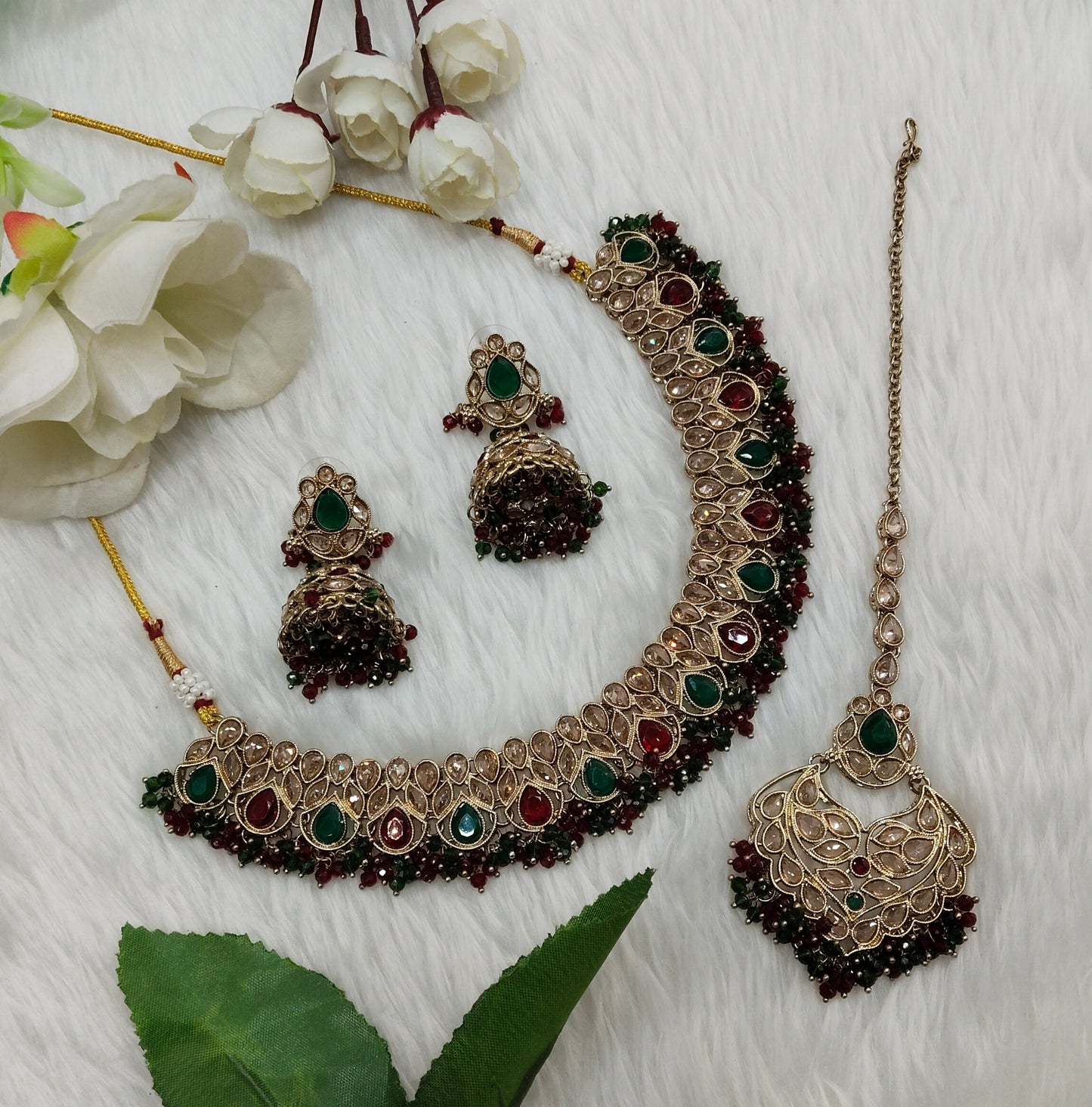 Ruby Green Antique Gold Necklace Jewellery Topply Set