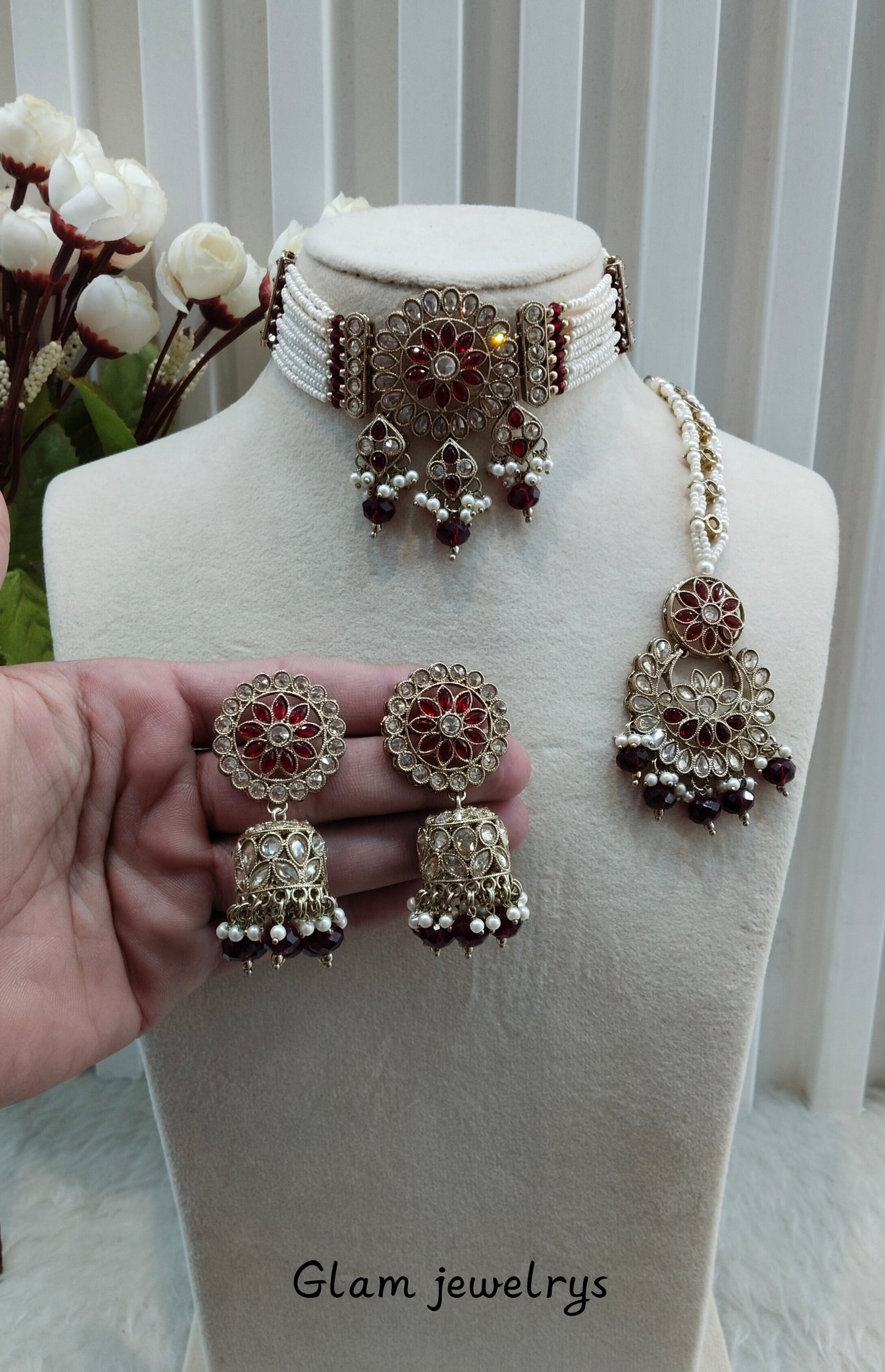 Maroon Antique Gold Choker Indian Jewellery Alan Set