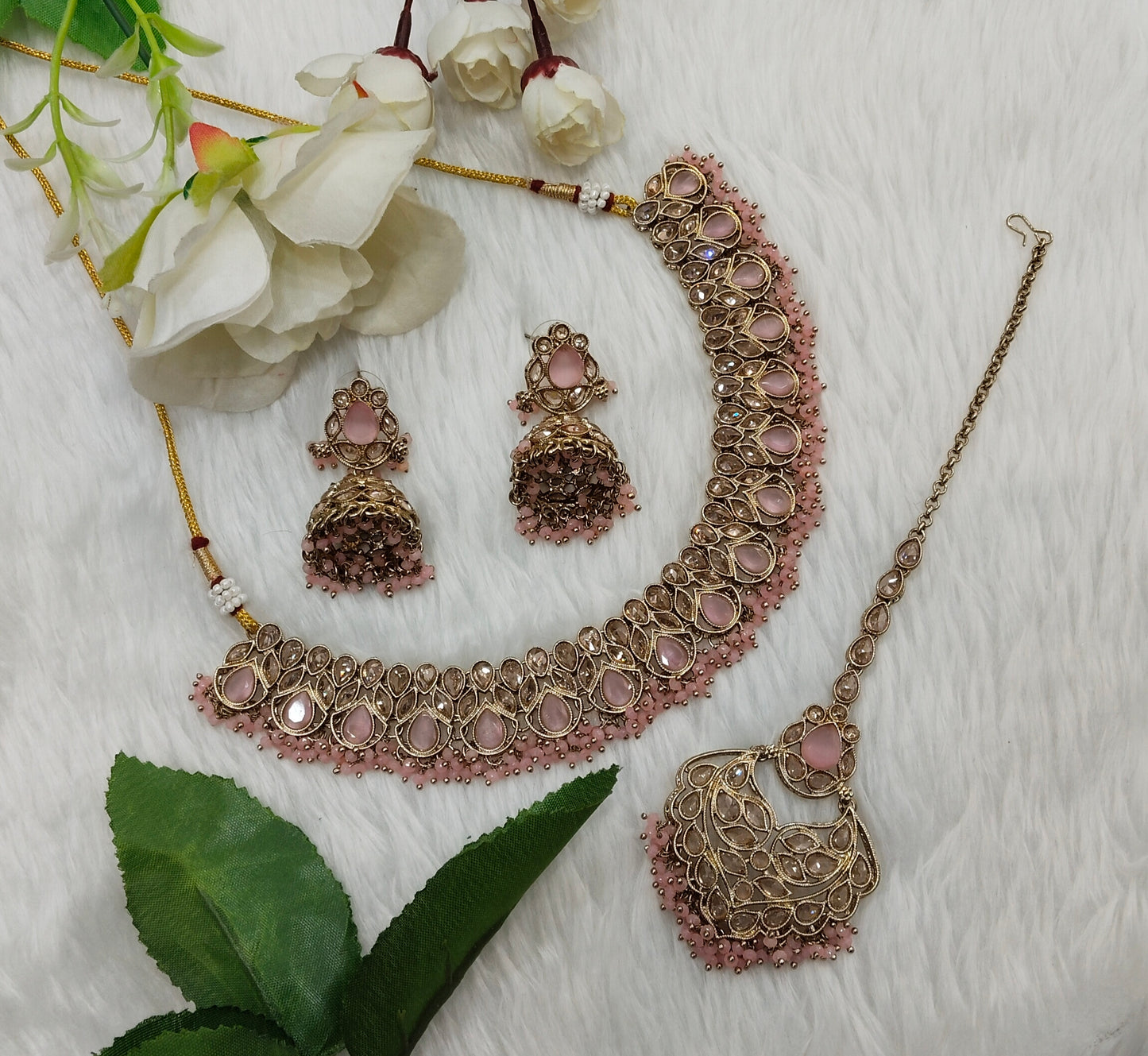 Pink Antique Gold Necklace Jewellery Topply Set