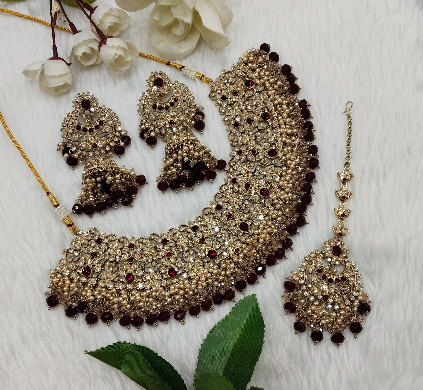 Maroon Antique Gold Necklace Indian Jewellery Rcb Set
