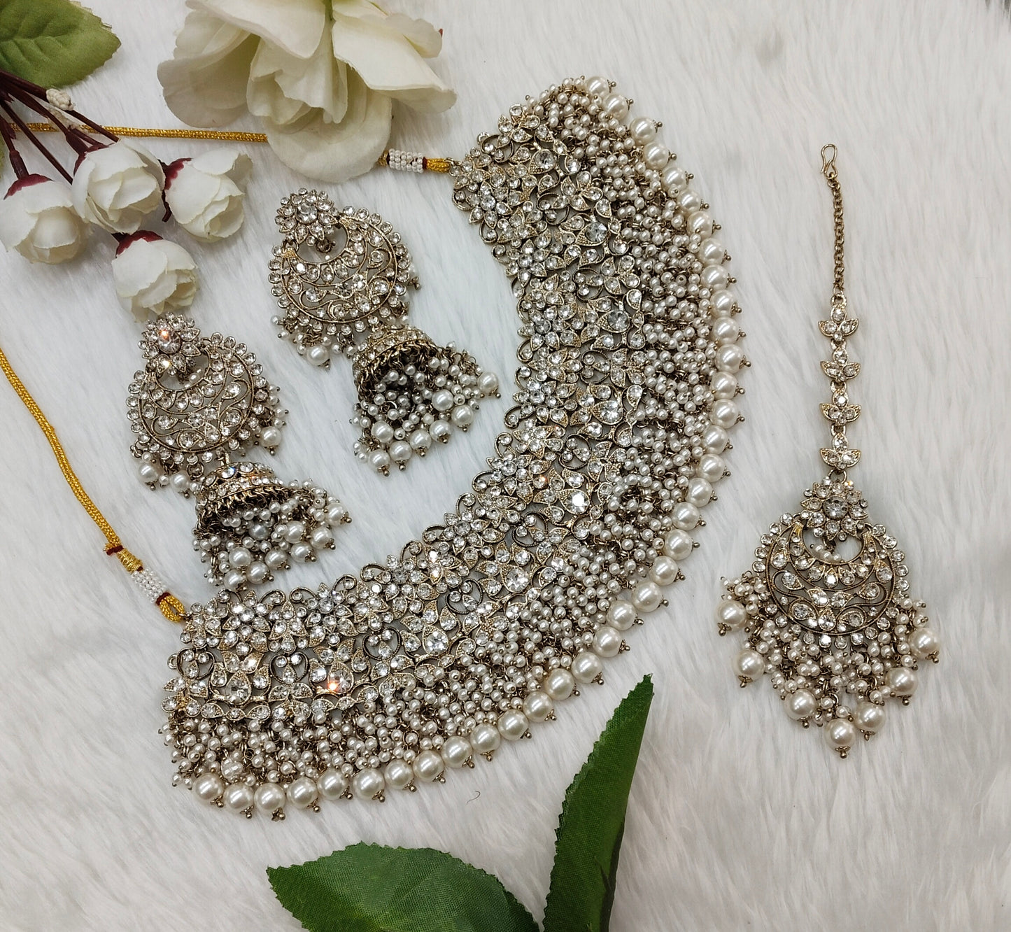 White Antique Gold Necklace Indian Jewellery Rcb Set
