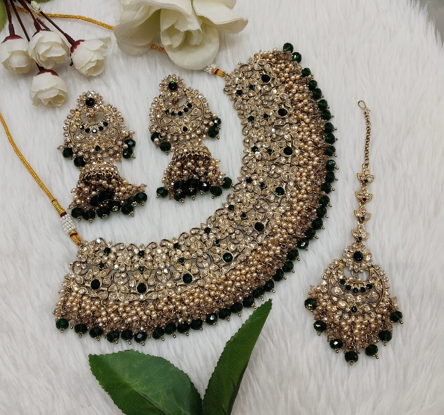 Green Antique Gold Necklace Indian Jewellery Rcb Set