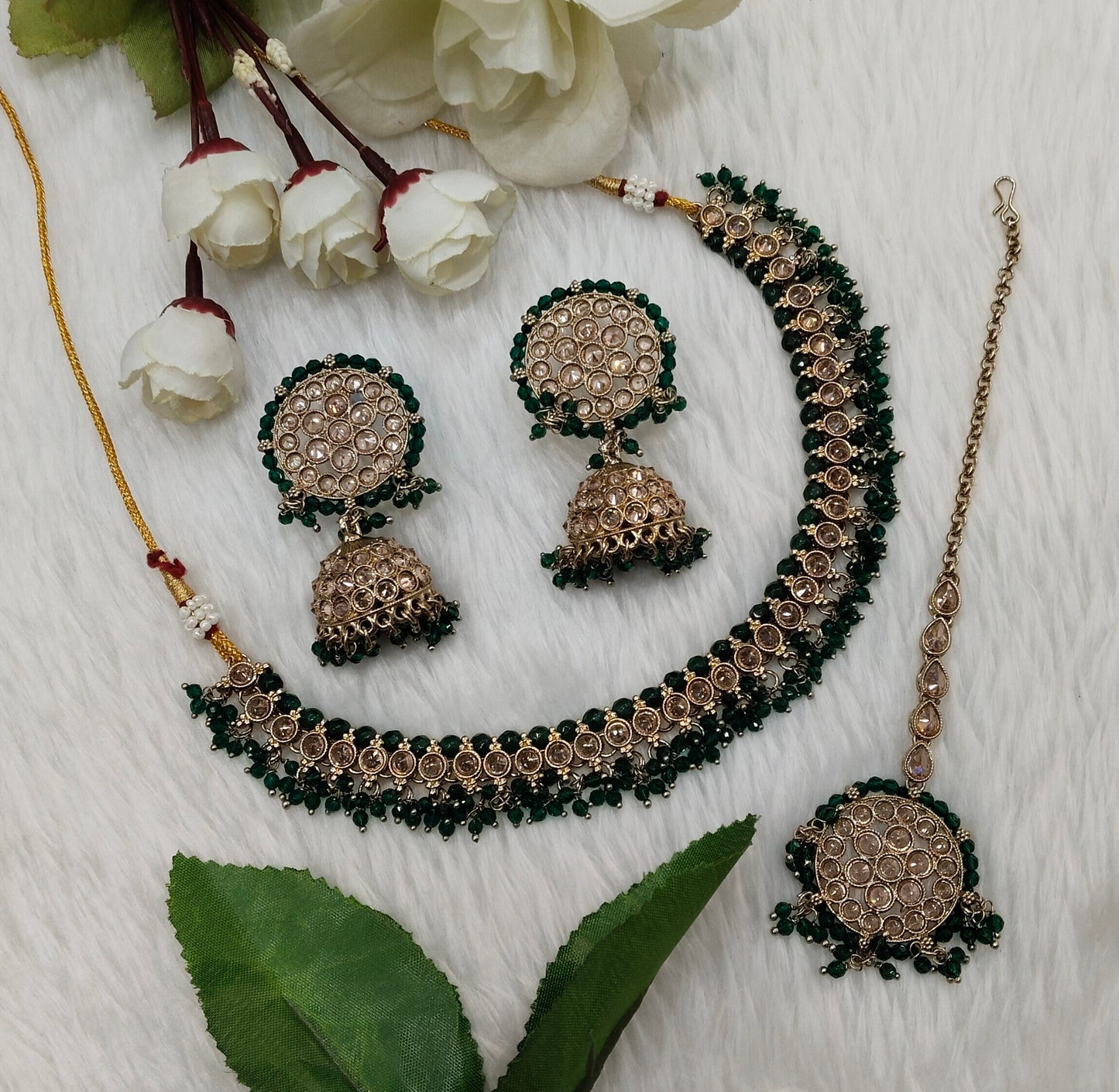 Green Antique Gold Necklace Indian Jewellery Naman Set