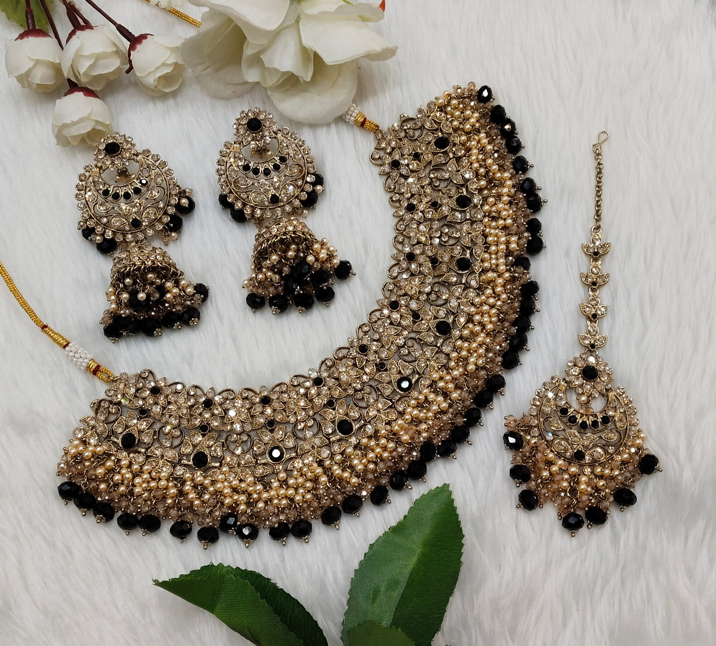 Black Antique Gold Necklace Indian Jewellery Rcb Set