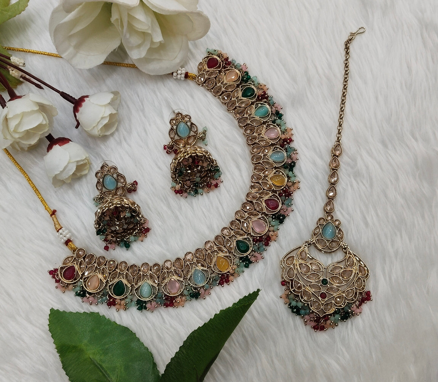 Multi Color Antique Gold Necklace Indian Jewellery Topply Set