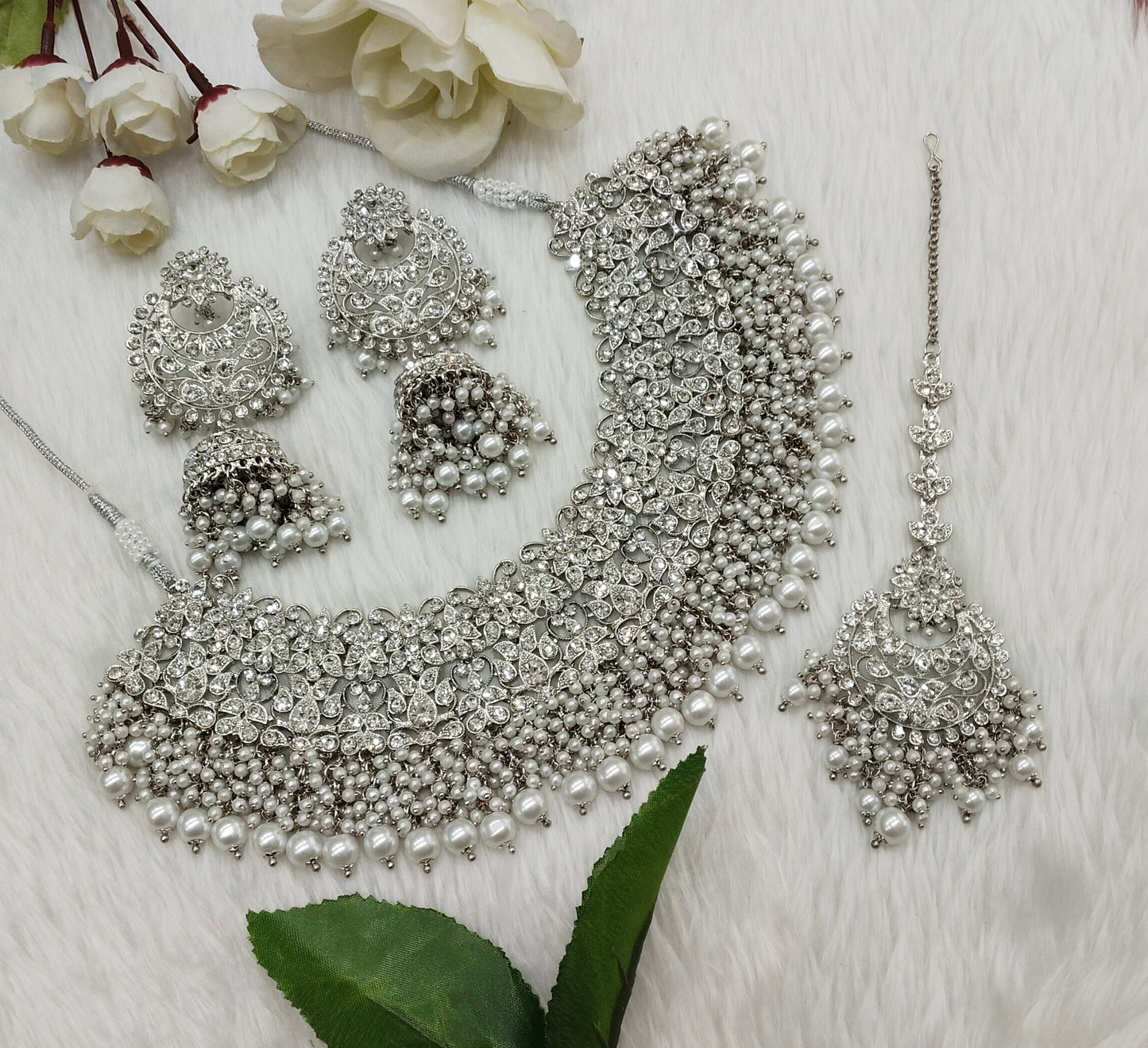 Silver white Necklace Indian Jewellery Rcb Set