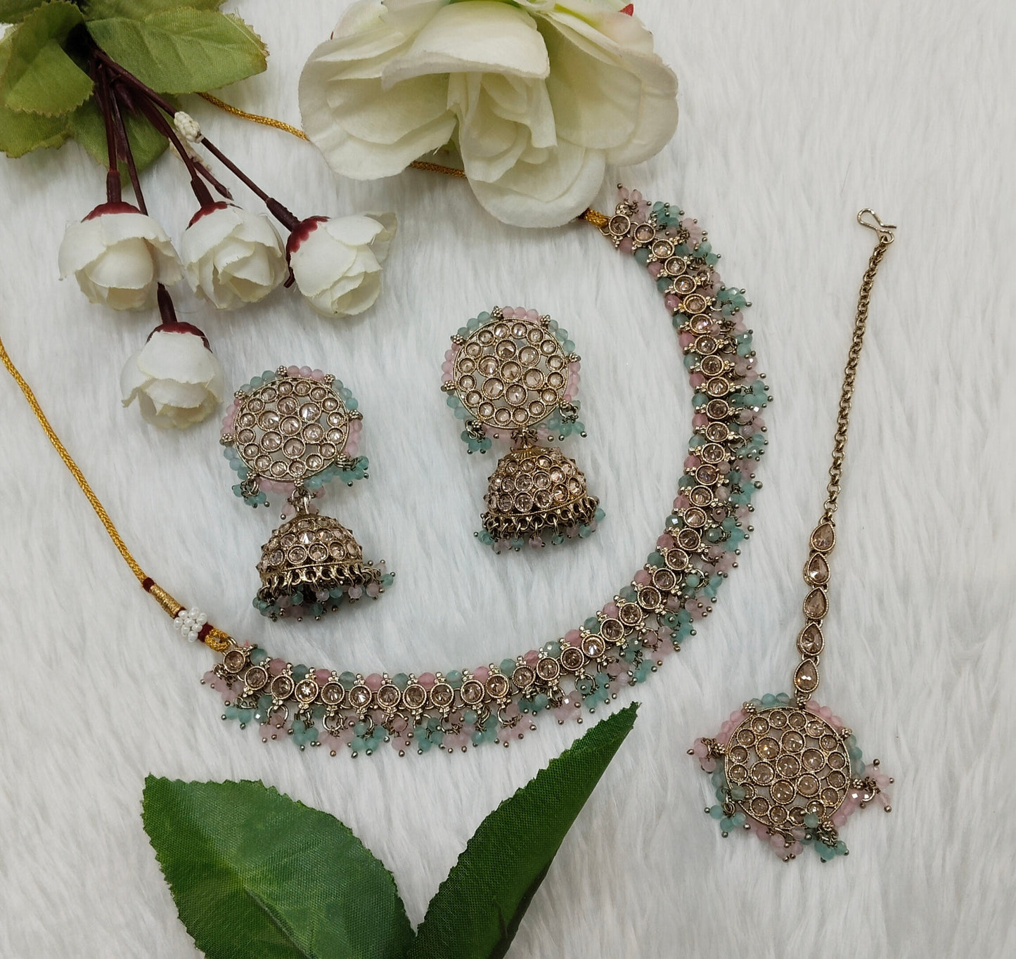 Mint Pink Antique Gold Necklace Indian Jewellery Naman Set