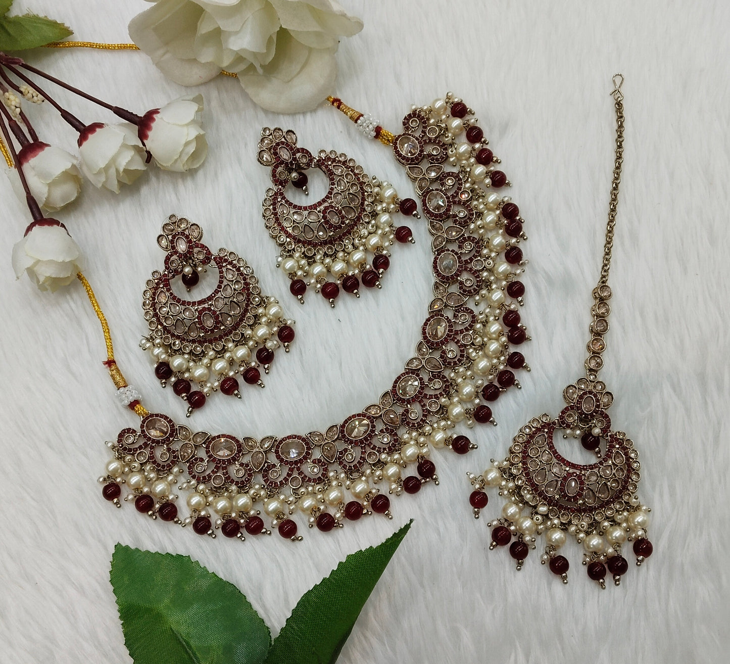 Maroon Antique Gold Necklace Indian Jewellery Mangu Set