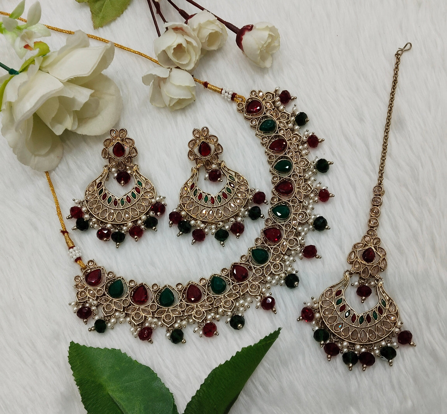 Ruby Green Antique Gold Necklace Indian Jewellery Arya Set