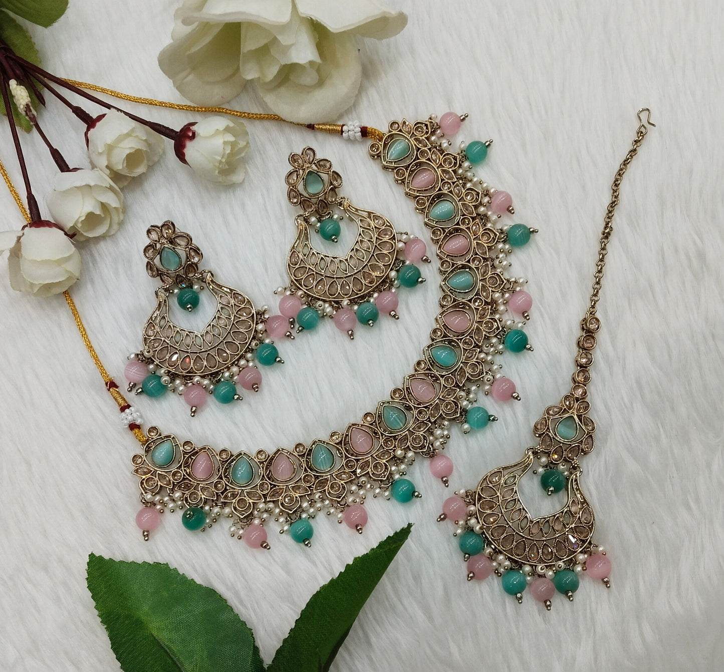 Mint Pink Antique Gold Necklace Indian Jewellery Arya Set
