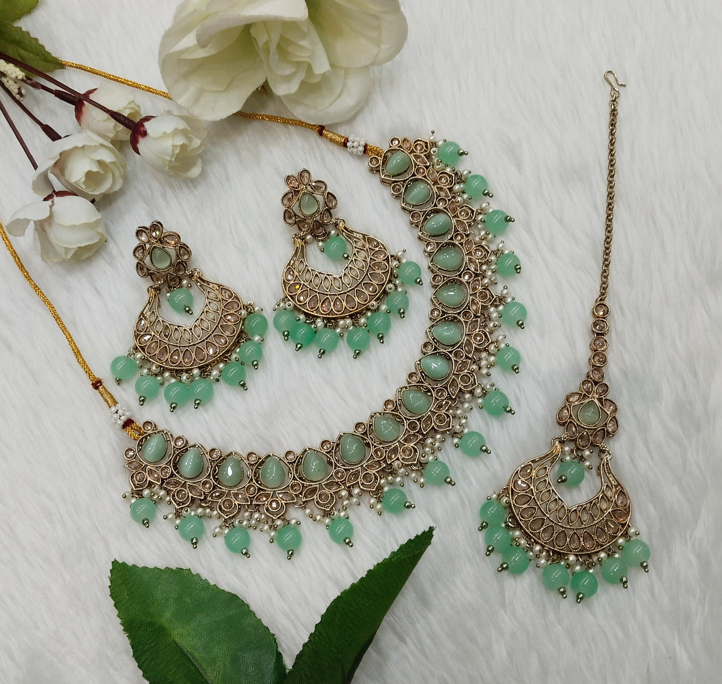 Pastel Green Antique Gold Necklace Indian Jewellery Arya Set