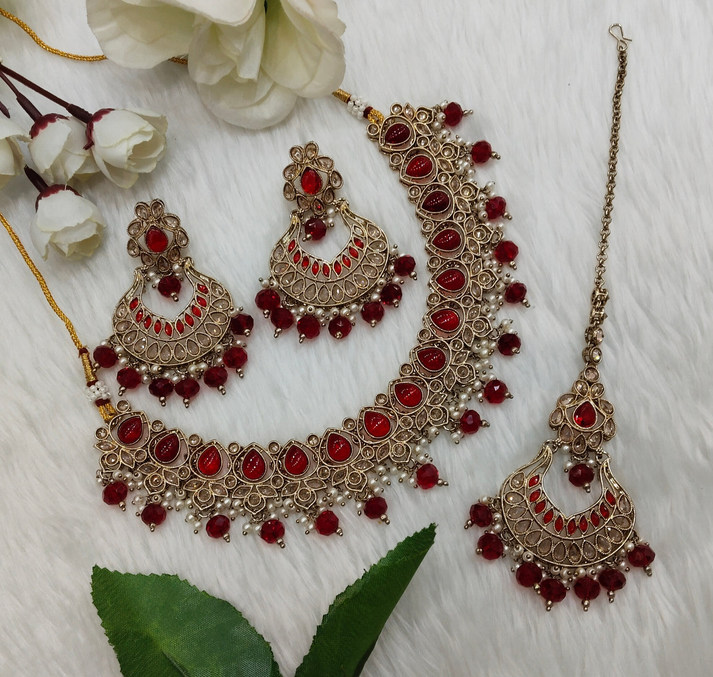 Maroon Antique Gold Necklace Indian Jewellery Arya Set