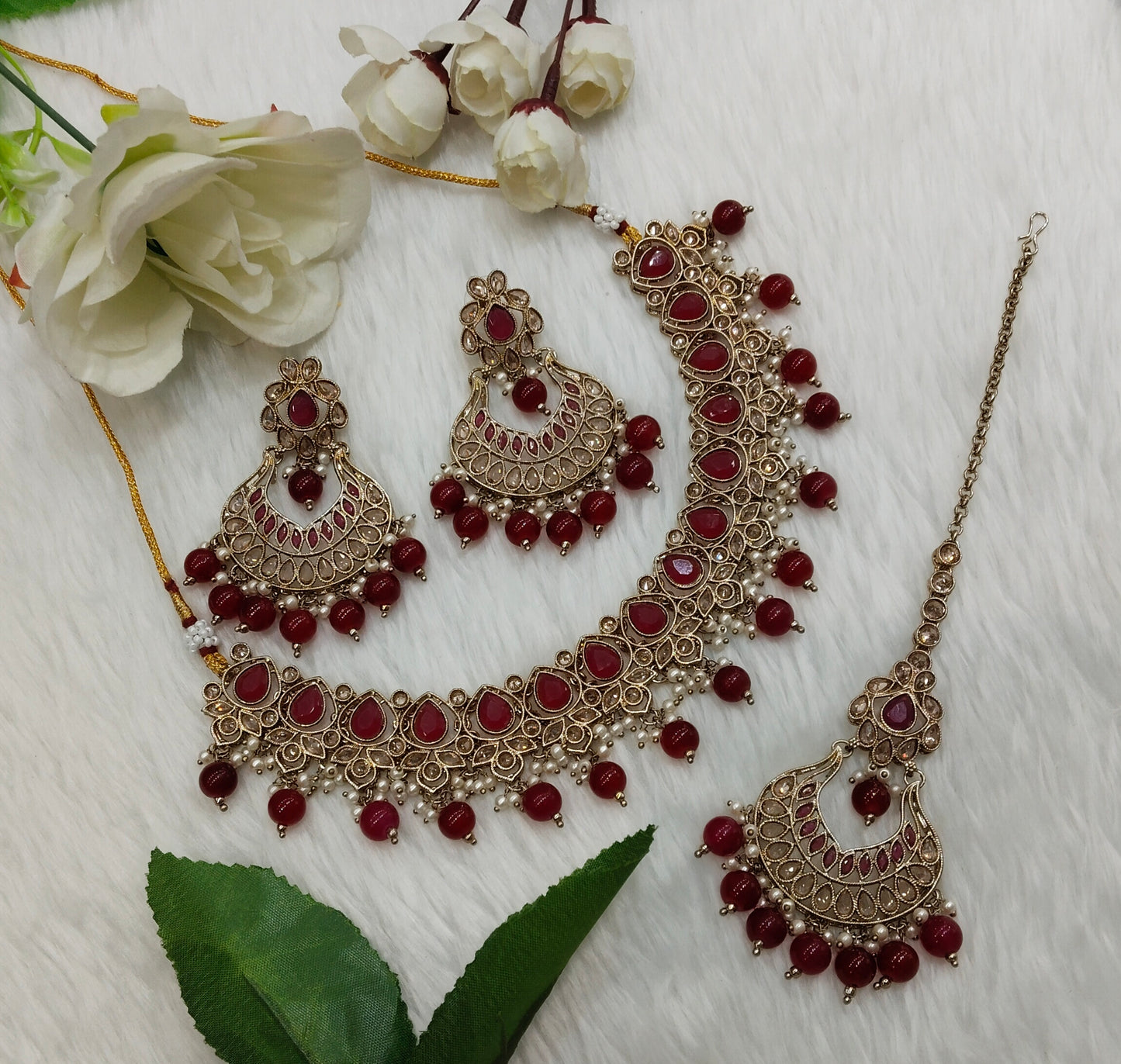 Ruby Antique Gold Necklace Indian Jewellery Arya Set