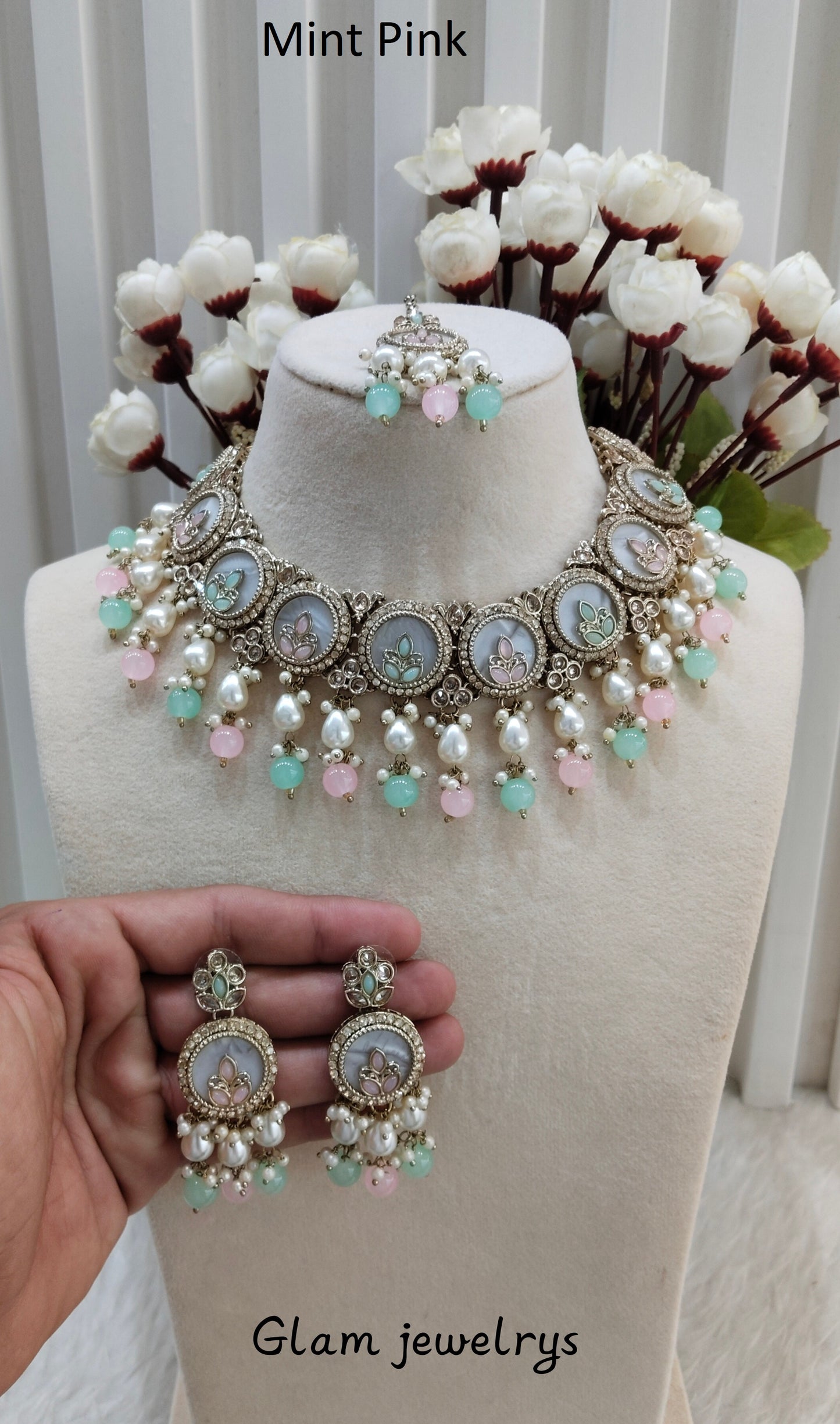 Mint Pink Antique Gold Necklace Indian Jewellery Daisy Set