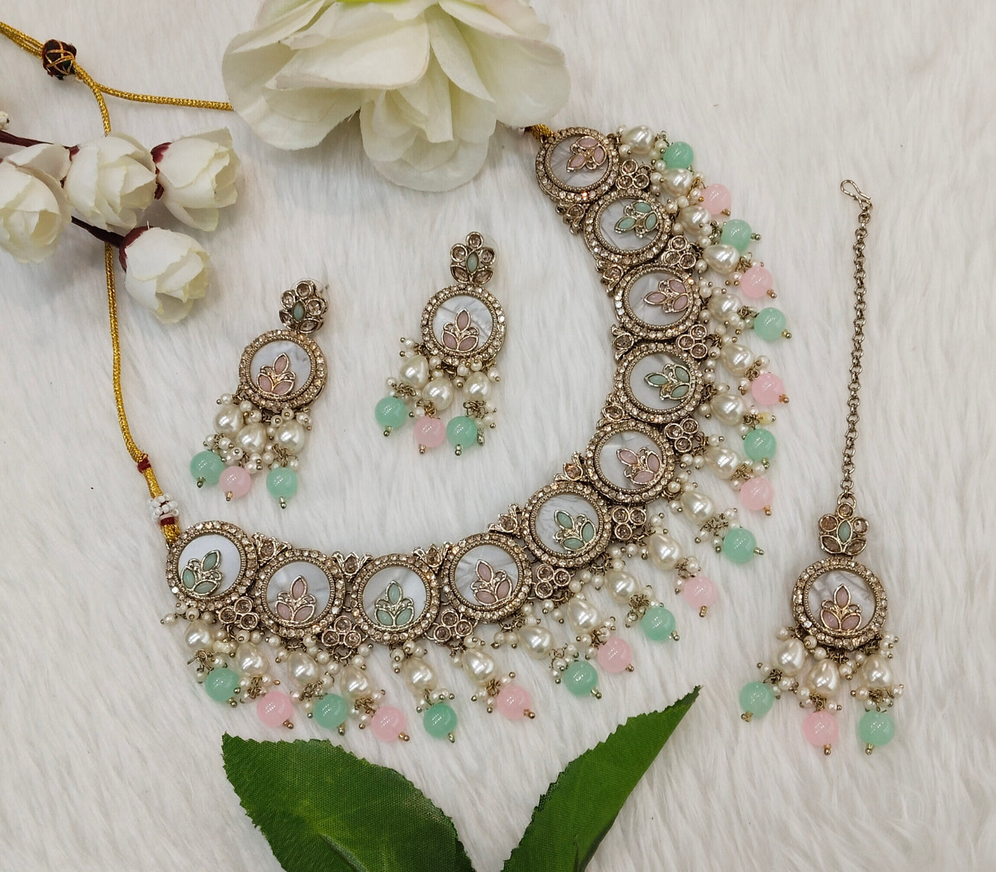 Mint Pink Antique Gold Necklace Indian Jewellery Daisy Set