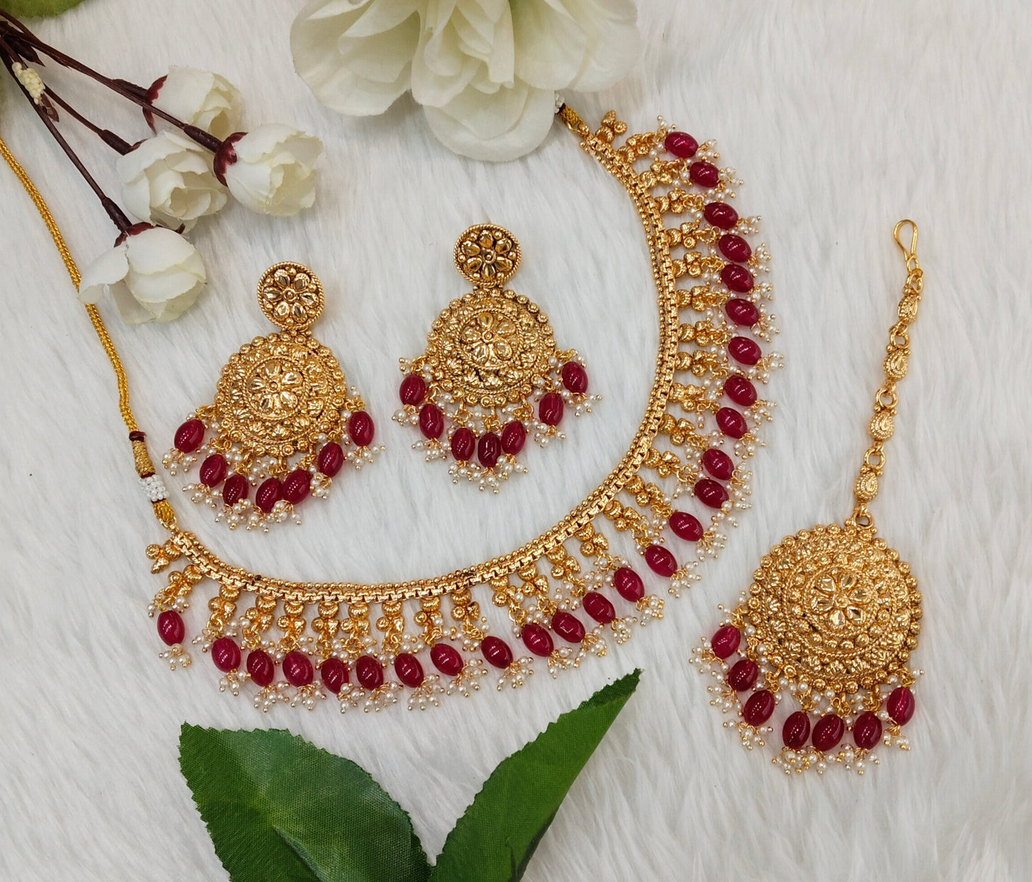 Ruby Gold Polki Punjabi Indian Nacklace Birpal set
