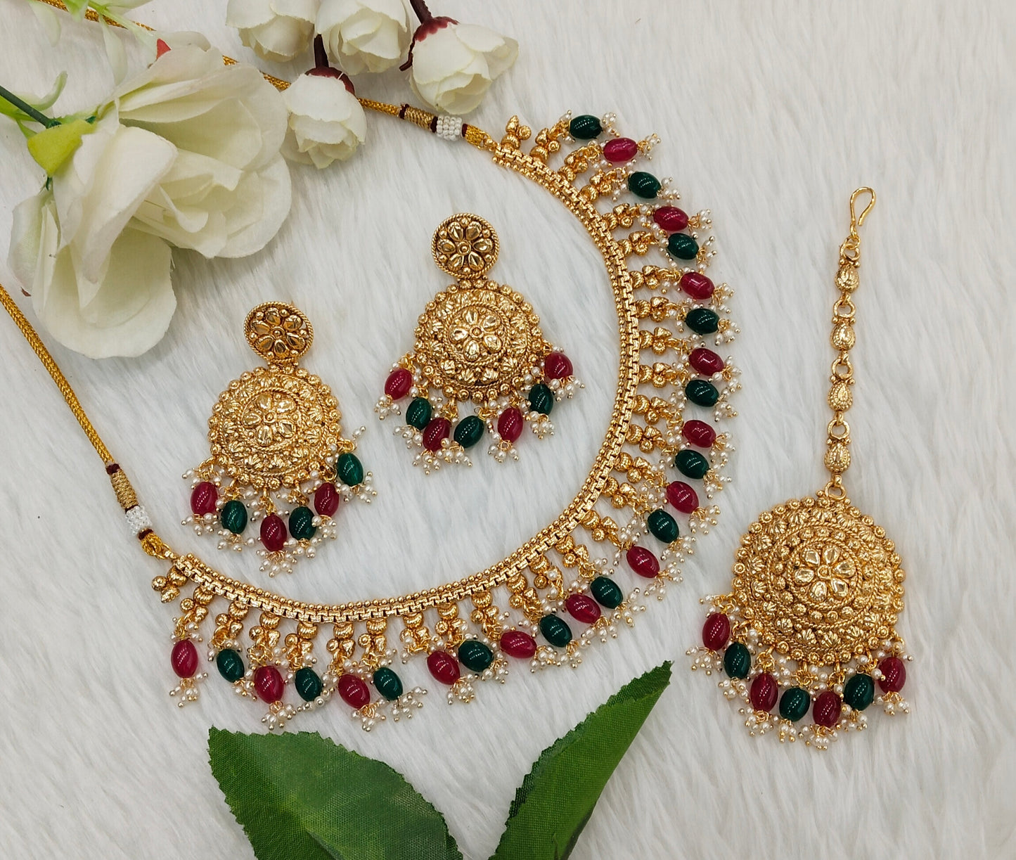 Ruby Green Gold Polki Punjabi Indian Nacklace Birpal set