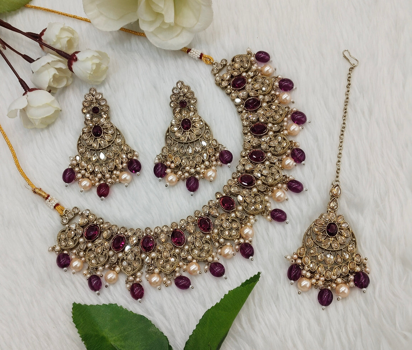 Purple Antique Gold Necklace Indian Jewellery Rasha Set
