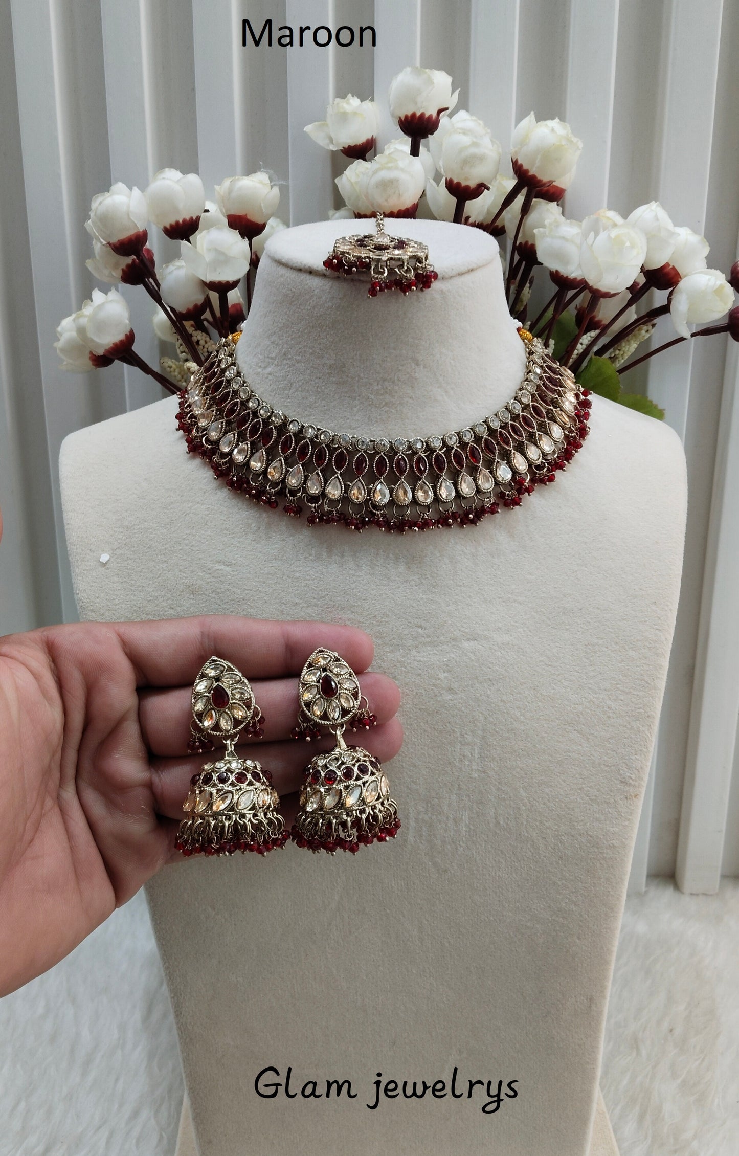 Maroon Antique Gold Necklace Indian Jewellery Gora Set