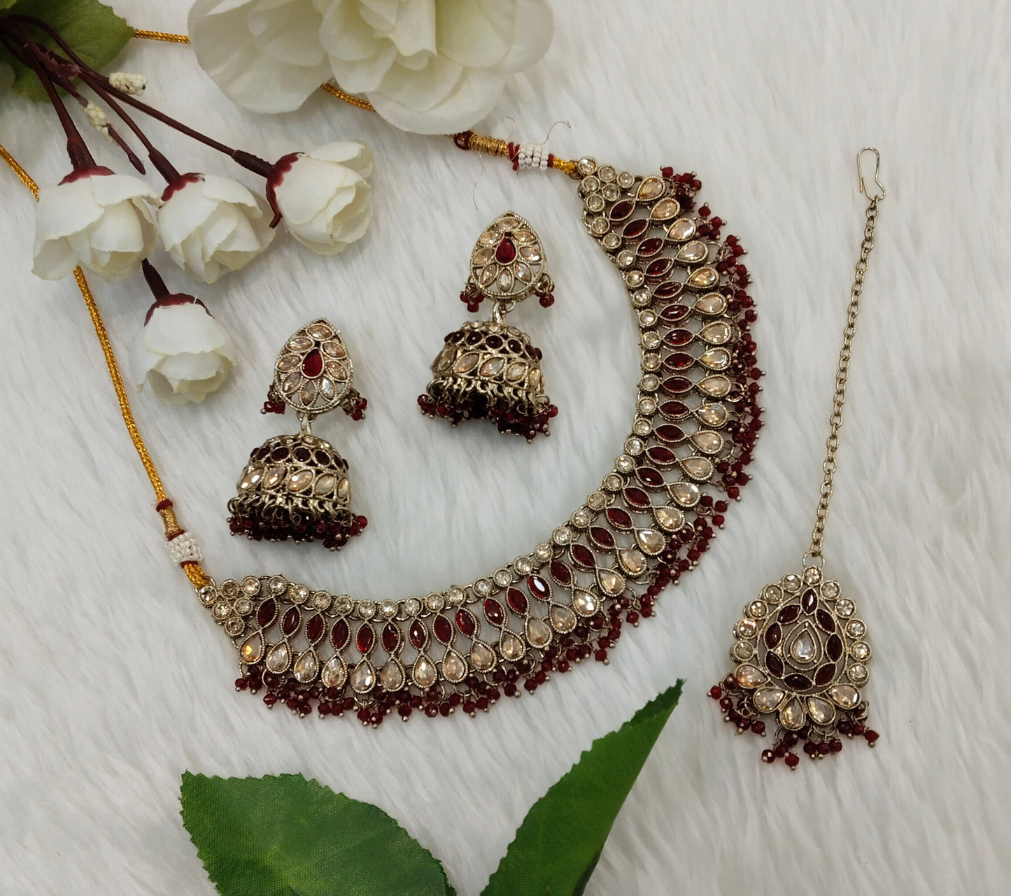 Maroon Antique Gold Necklace Indian Jewellery Gora Set