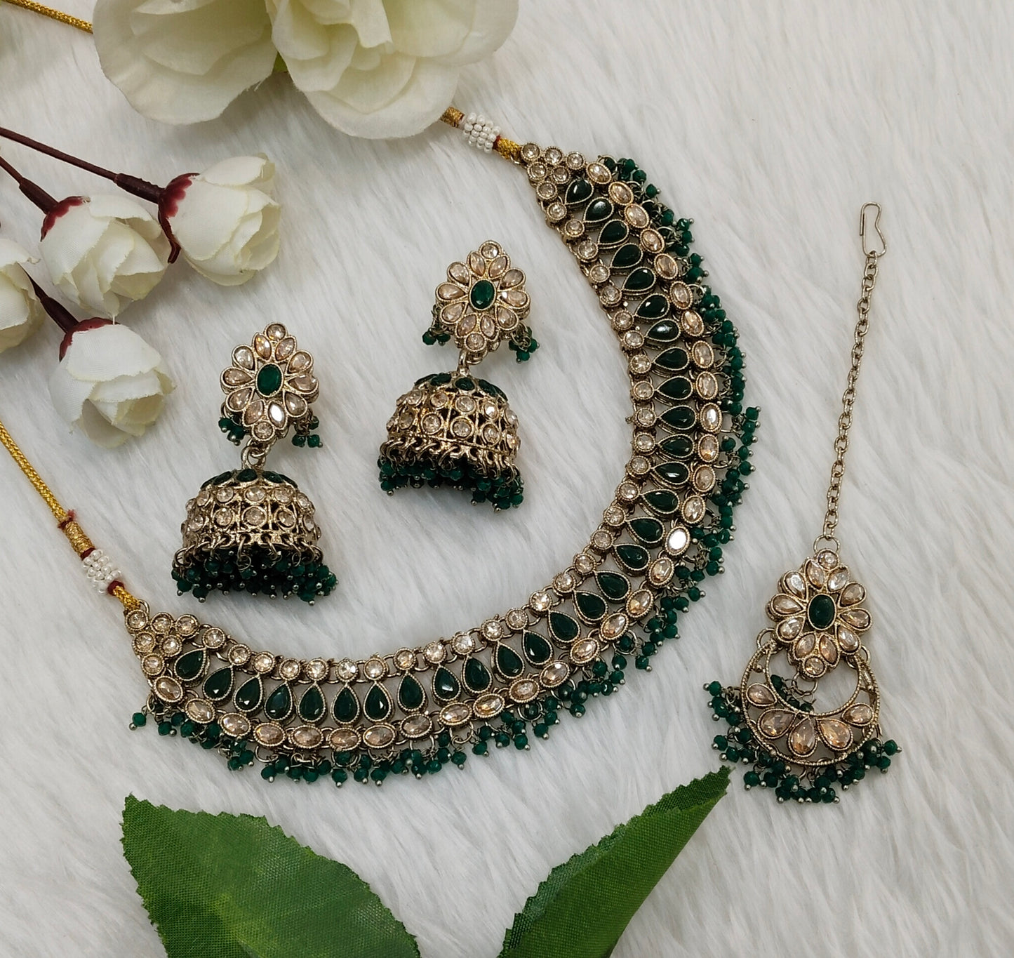 Green Antique Gold Necklace Indian Jewellery Gora Set