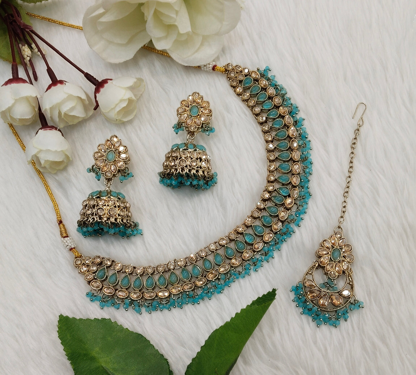 Sky Blue Antique Gold Necklace Indian Jewellery Gora Set