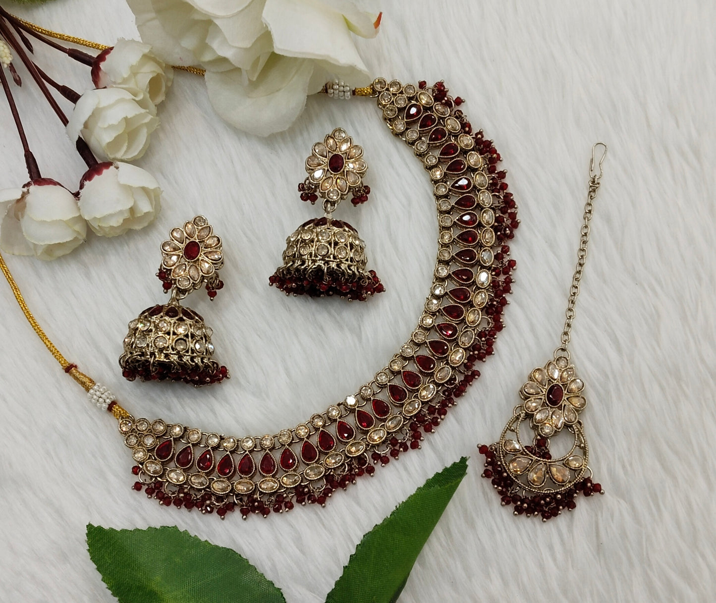 Maroon Antique Gold Necklace Indian Jewellery Gora Set