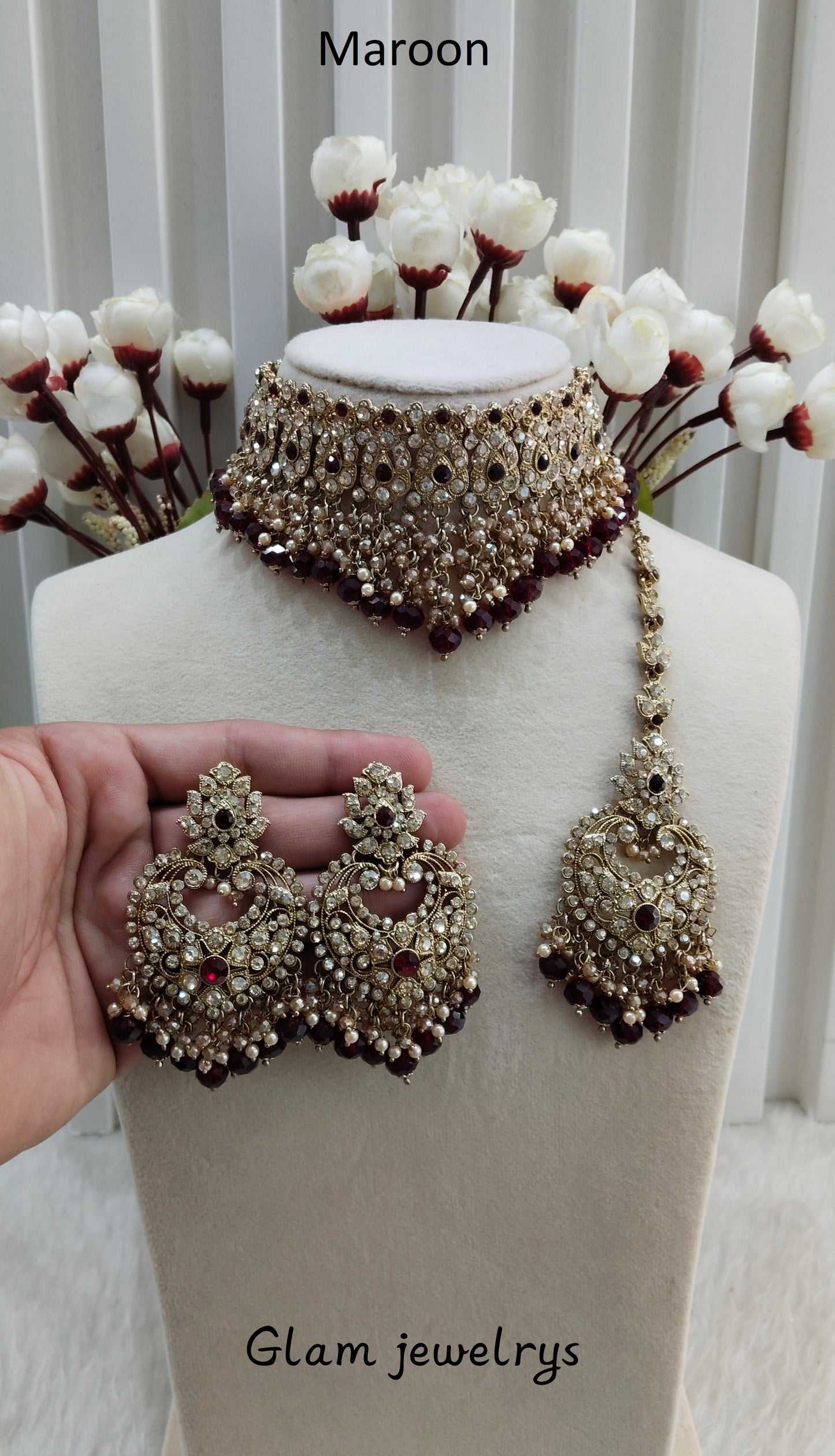 Maroon Antique Gold Choker Indian Jewellery Siki Set