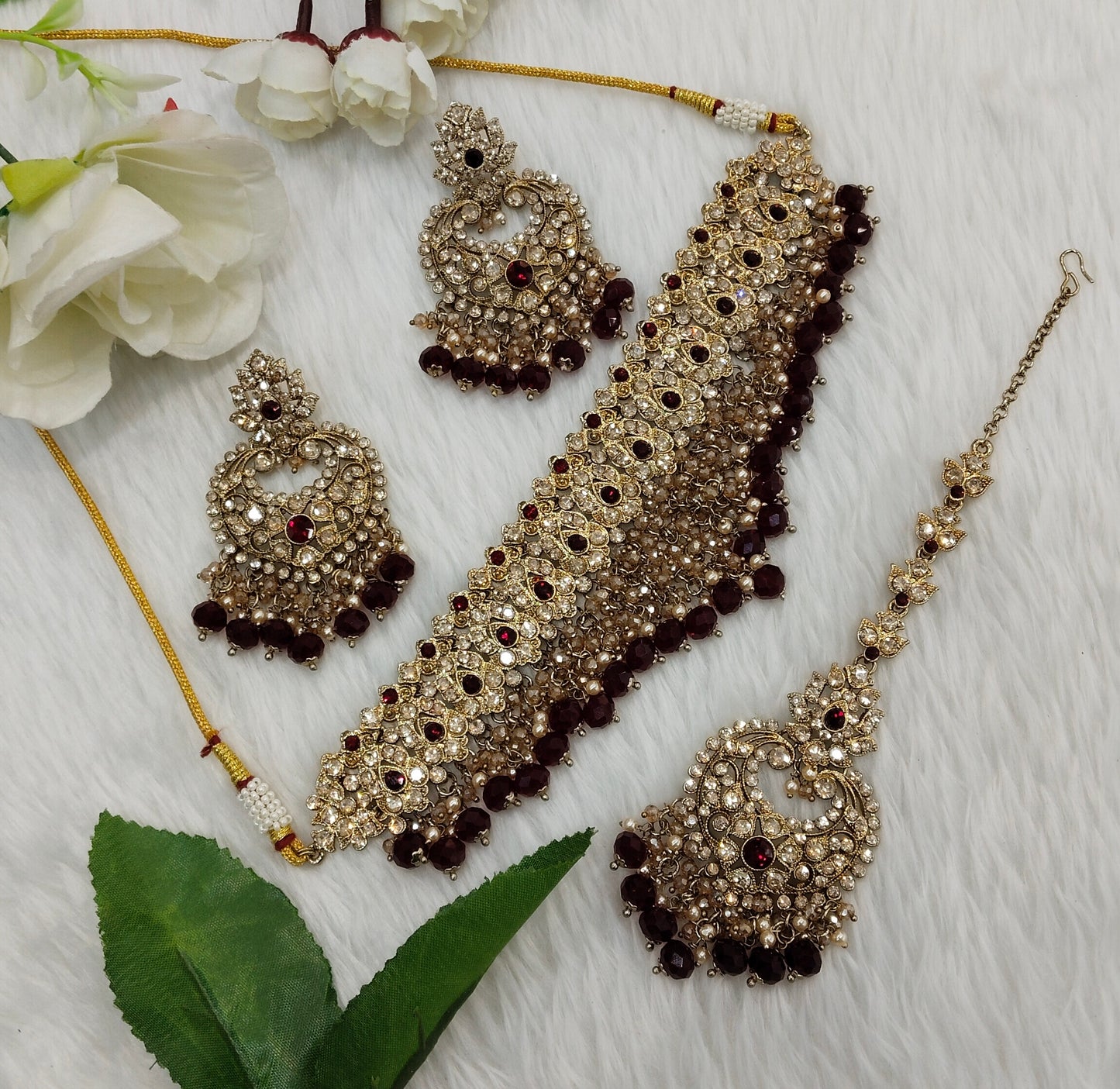 Maroon Antique Gold Choker Indian Jewellery Siki Set