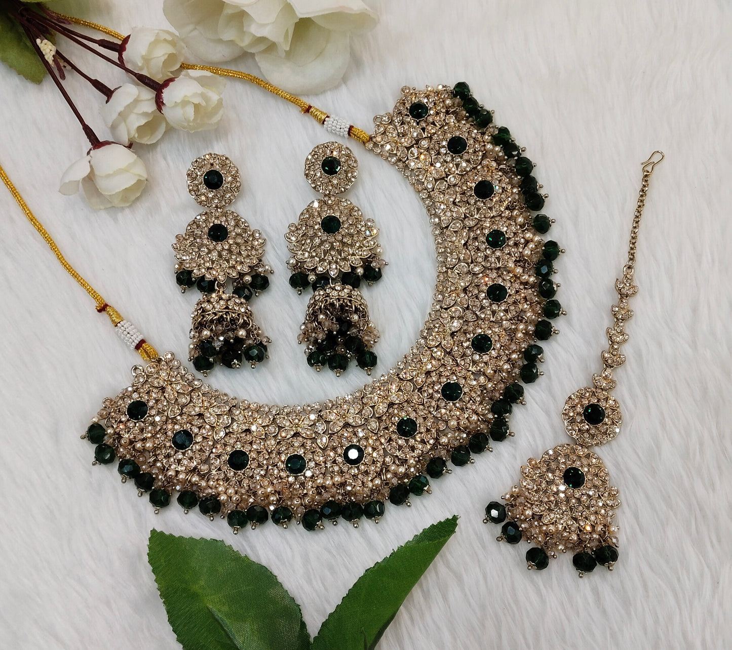 Green Antique Gold Necklace Indian Jewellery Meenu Set