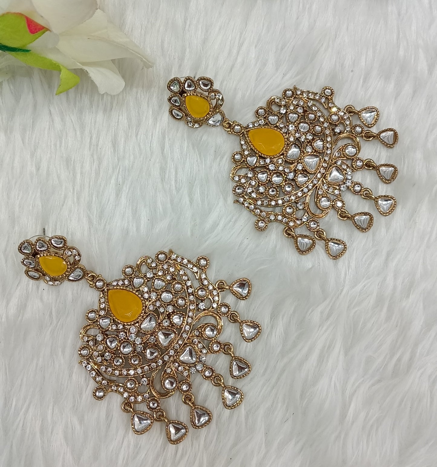 Yellow Antique Gold Indian Bollywood Yadav Earrings